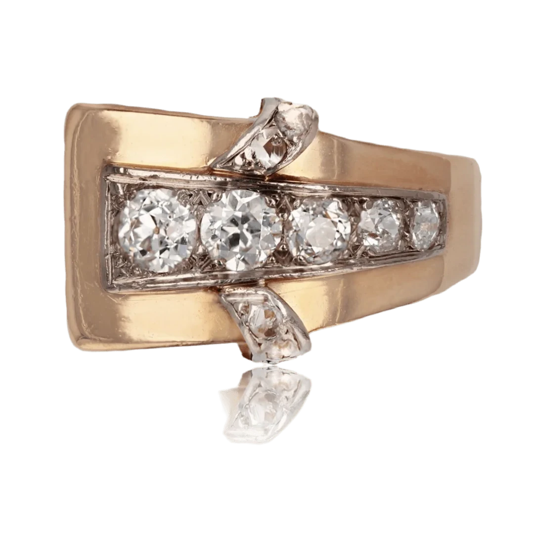Tank ring in pink gold and diamonds