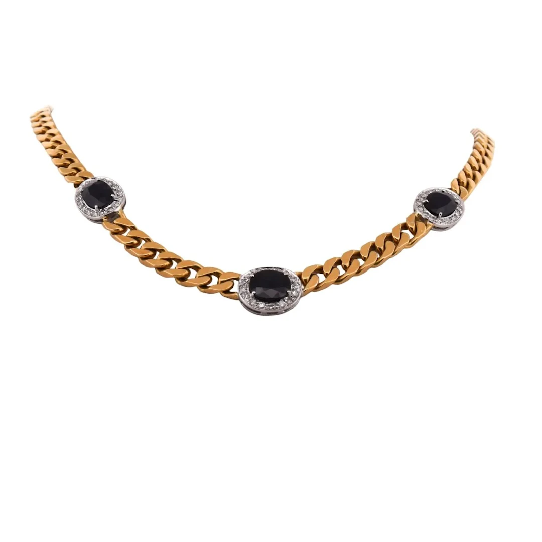 Necklace in yellow gold, sapphires and diamonds.