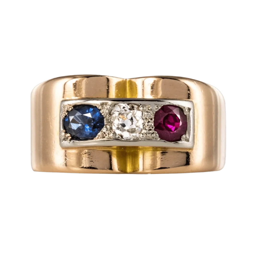 Tank ring in yellow gold, sapphire, ruby and diamond