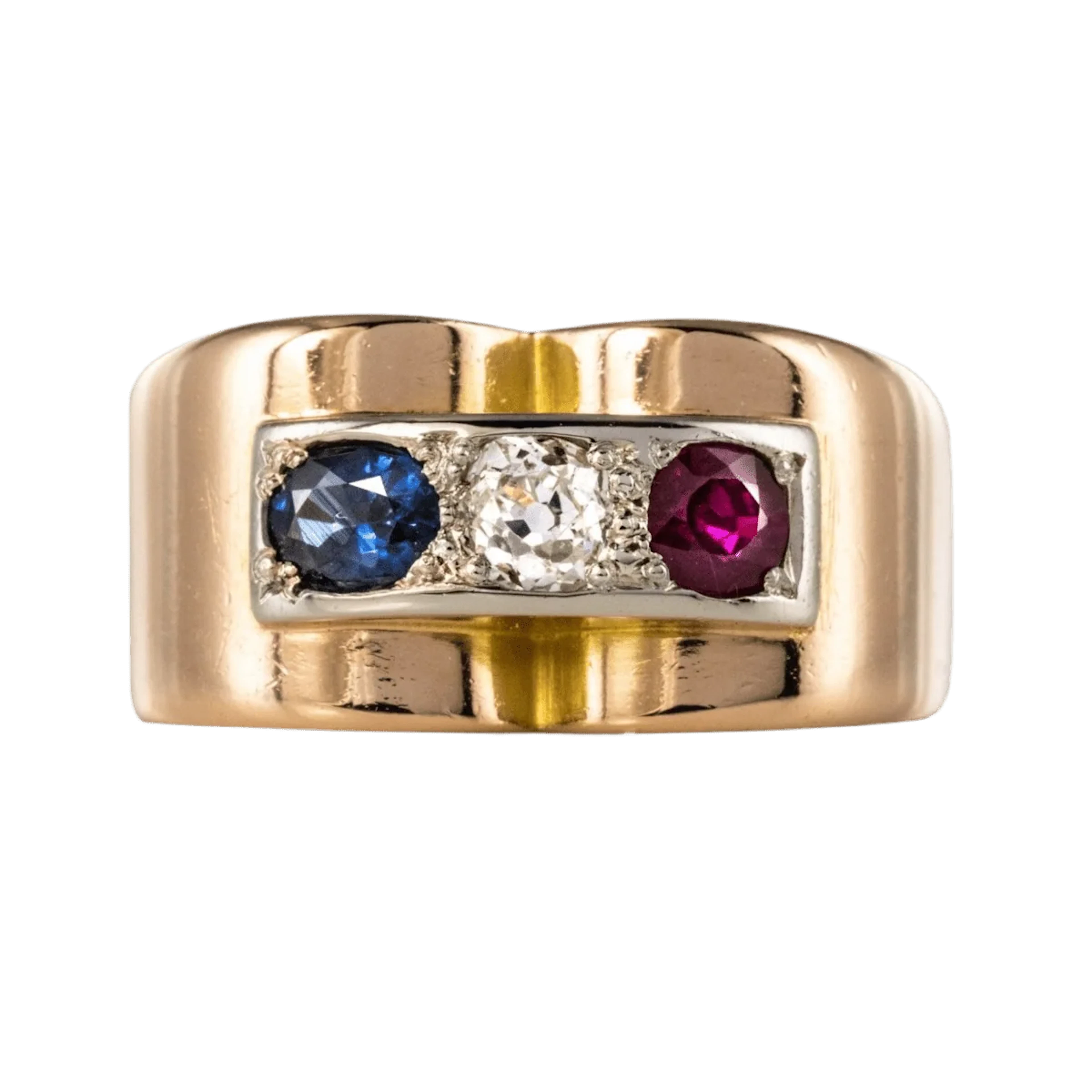 Tank ring in yellow gold, sapphire, ruby ​​and diamond