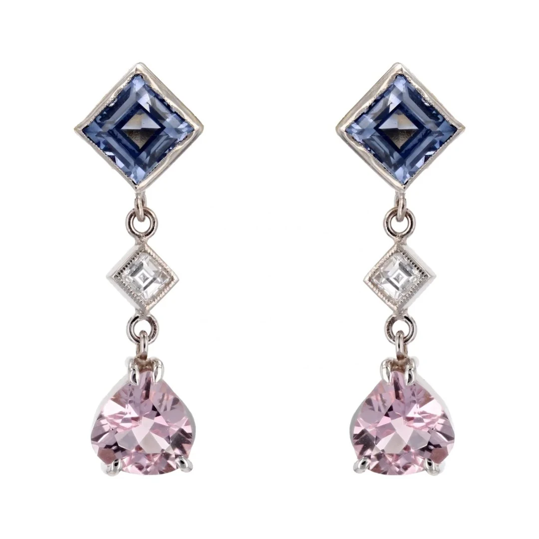 Earrings Hanging in white gold, sapphires, morganites and diamonds