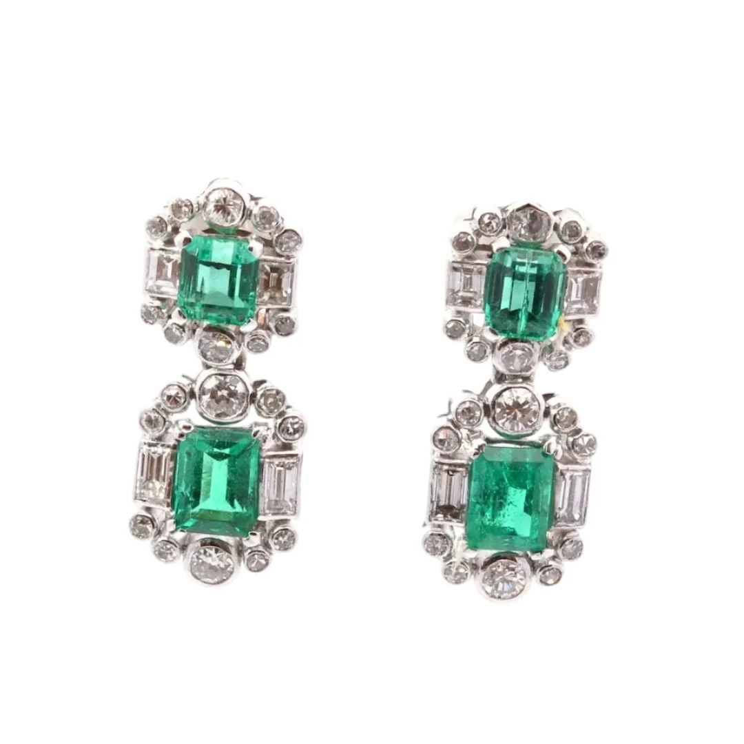 Earrings Chips in white gold, paltinium, emeralds and diamonds