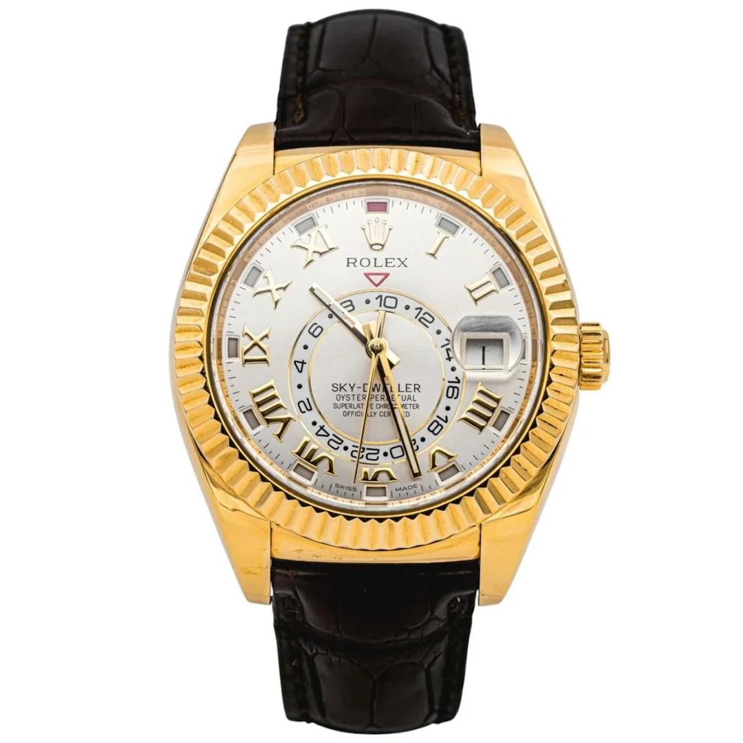 ROLEX "Sky-Dweller" watch in yellow gold, silver, leather and sapphire