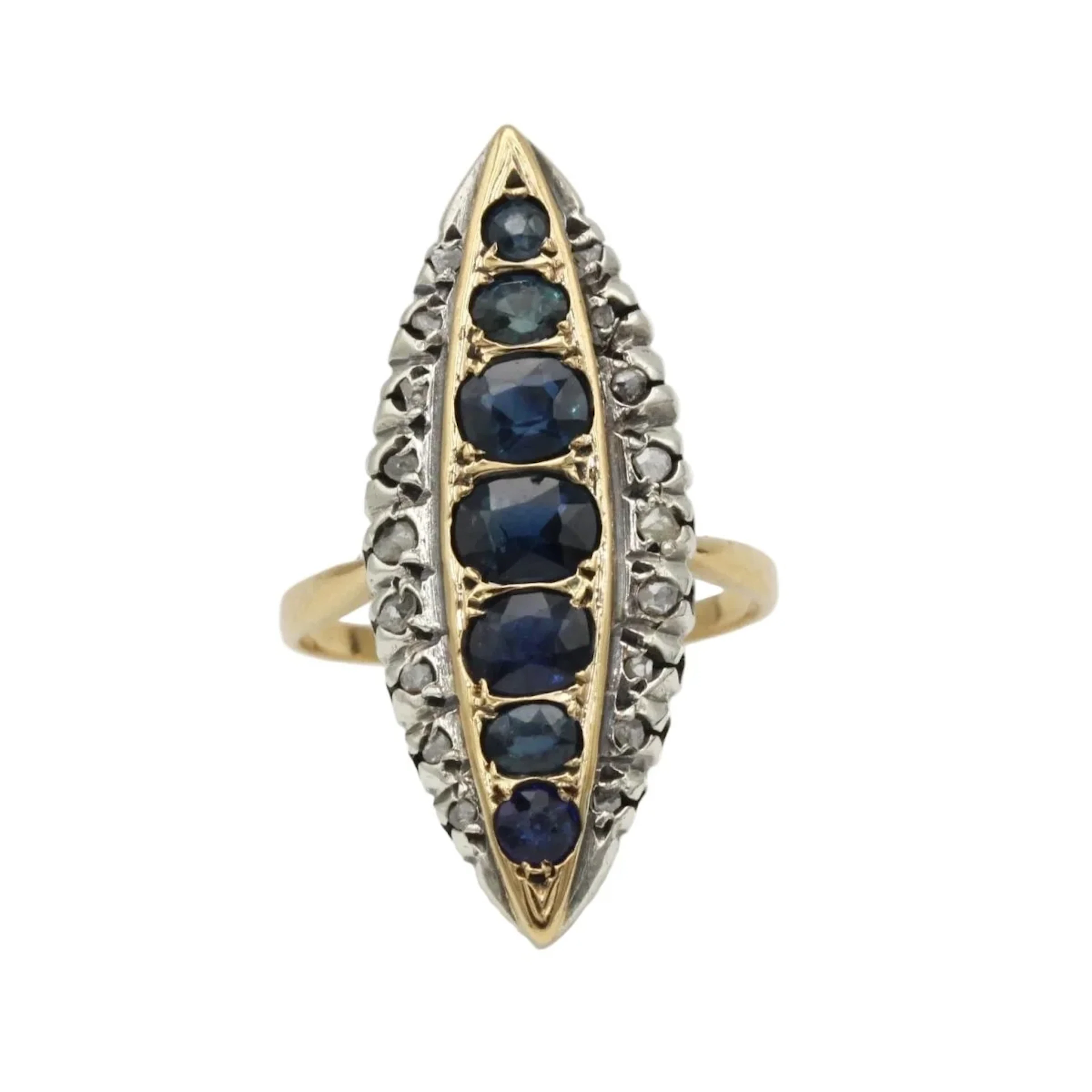 Marquise Ring in Yellow Gold, Sapphires, and Diamonds