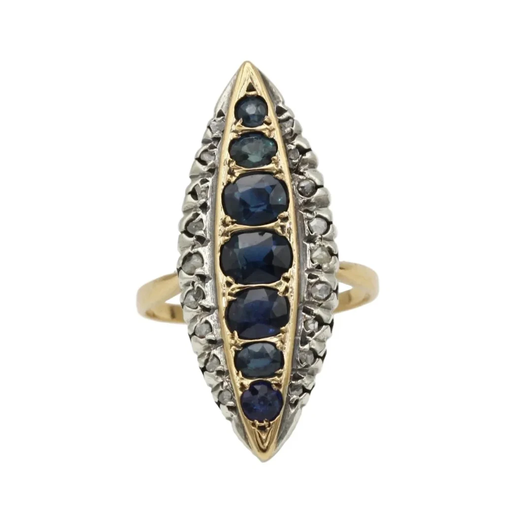 Marquise Ring in Yellow Gold, Sapphires, and Diamonds