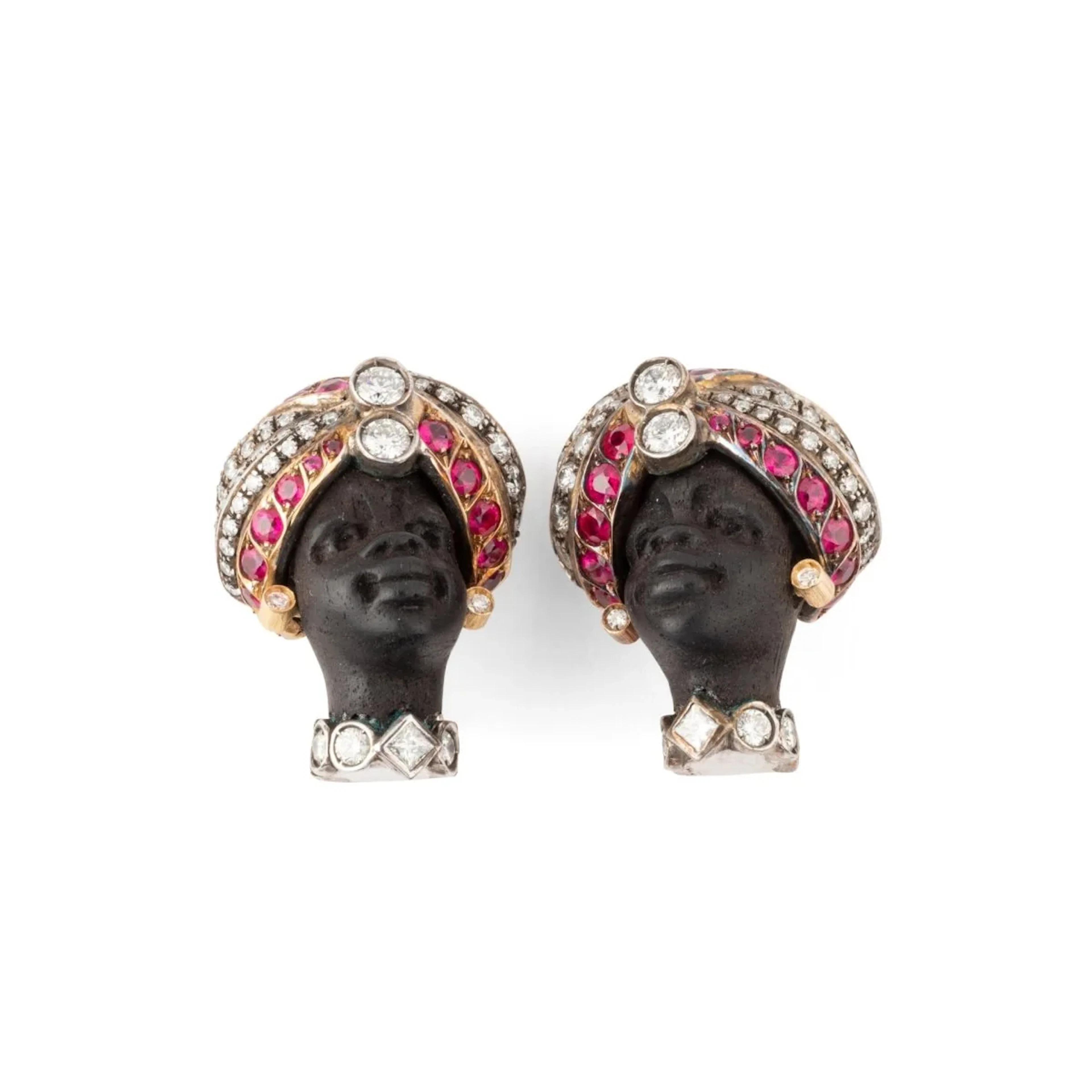 “Moor's Head” clip-on earrings in rose gold, white gold, wood, silver