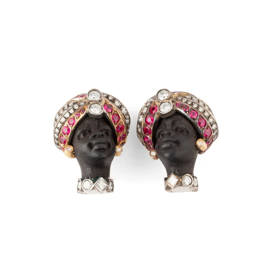 “Moor's Head” clip-on earrings in rose gold, white gold, wood, silver
