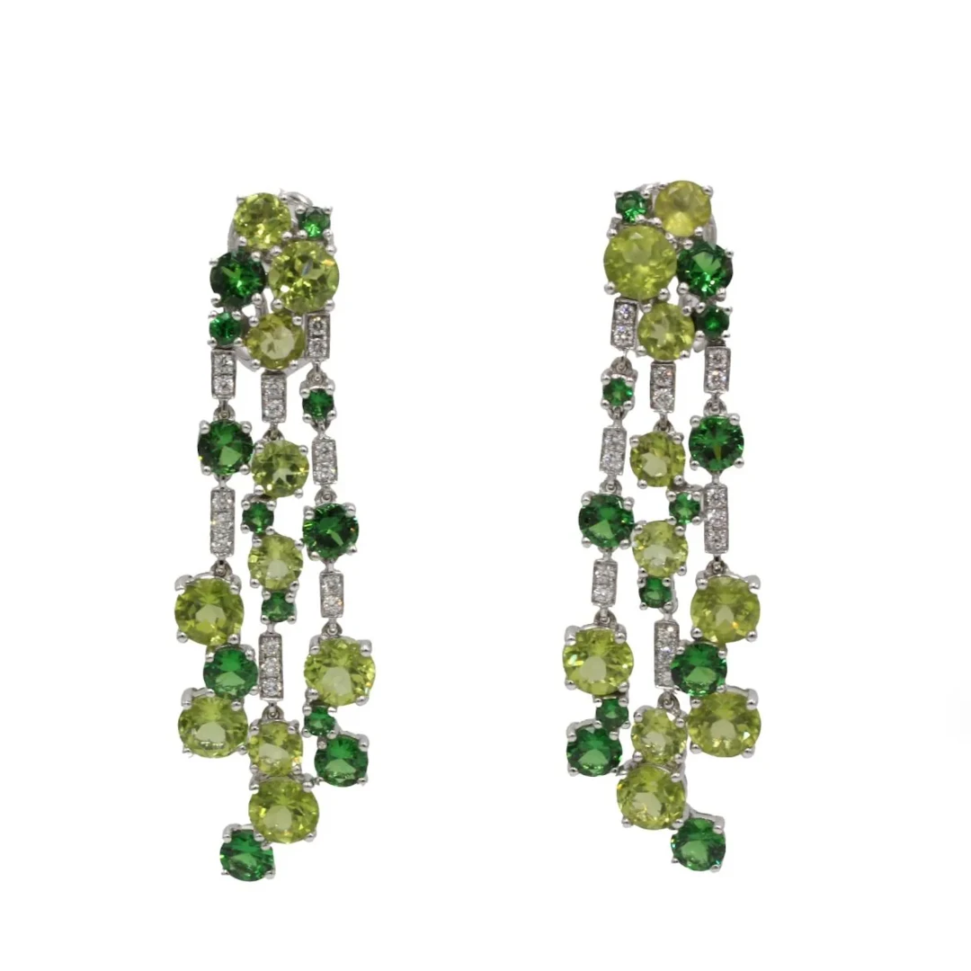 White Gold Drop Earrings with Peridots, Garnets, and Diamonds