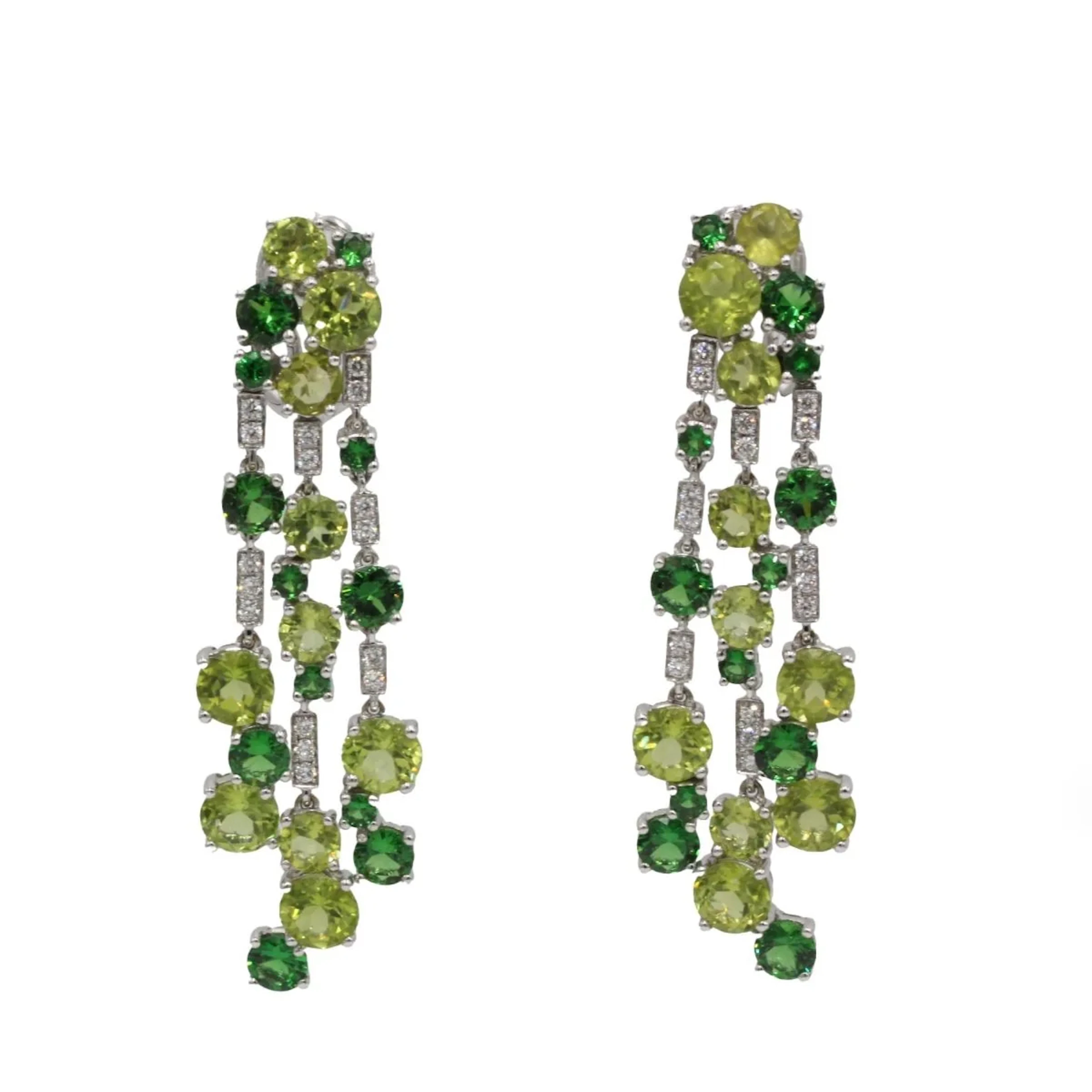 White Gold Drop Earrings with Peridots, Garnets, and Diamonds