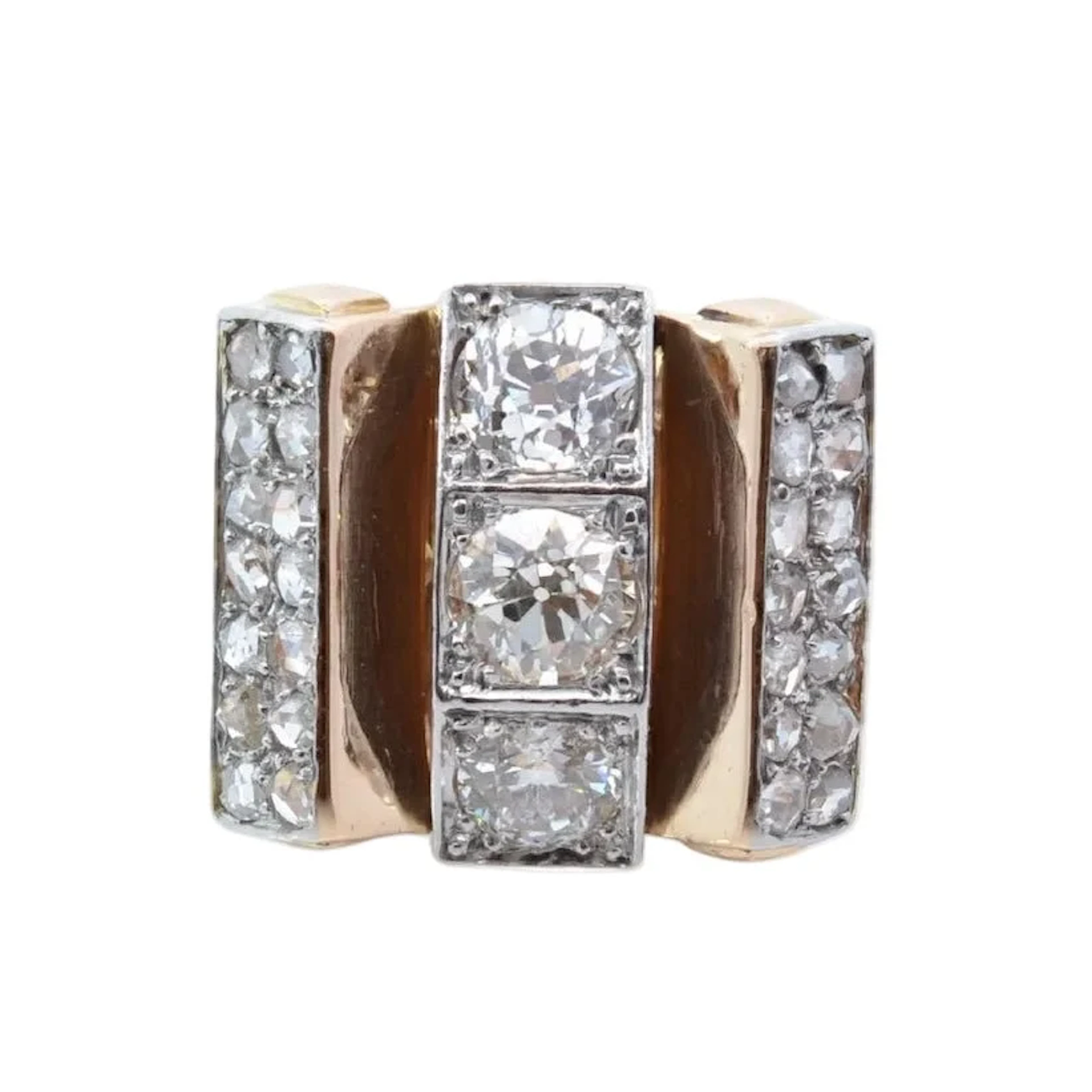 Tank Ring in Yellow Gold, Platinum, and Diamonds