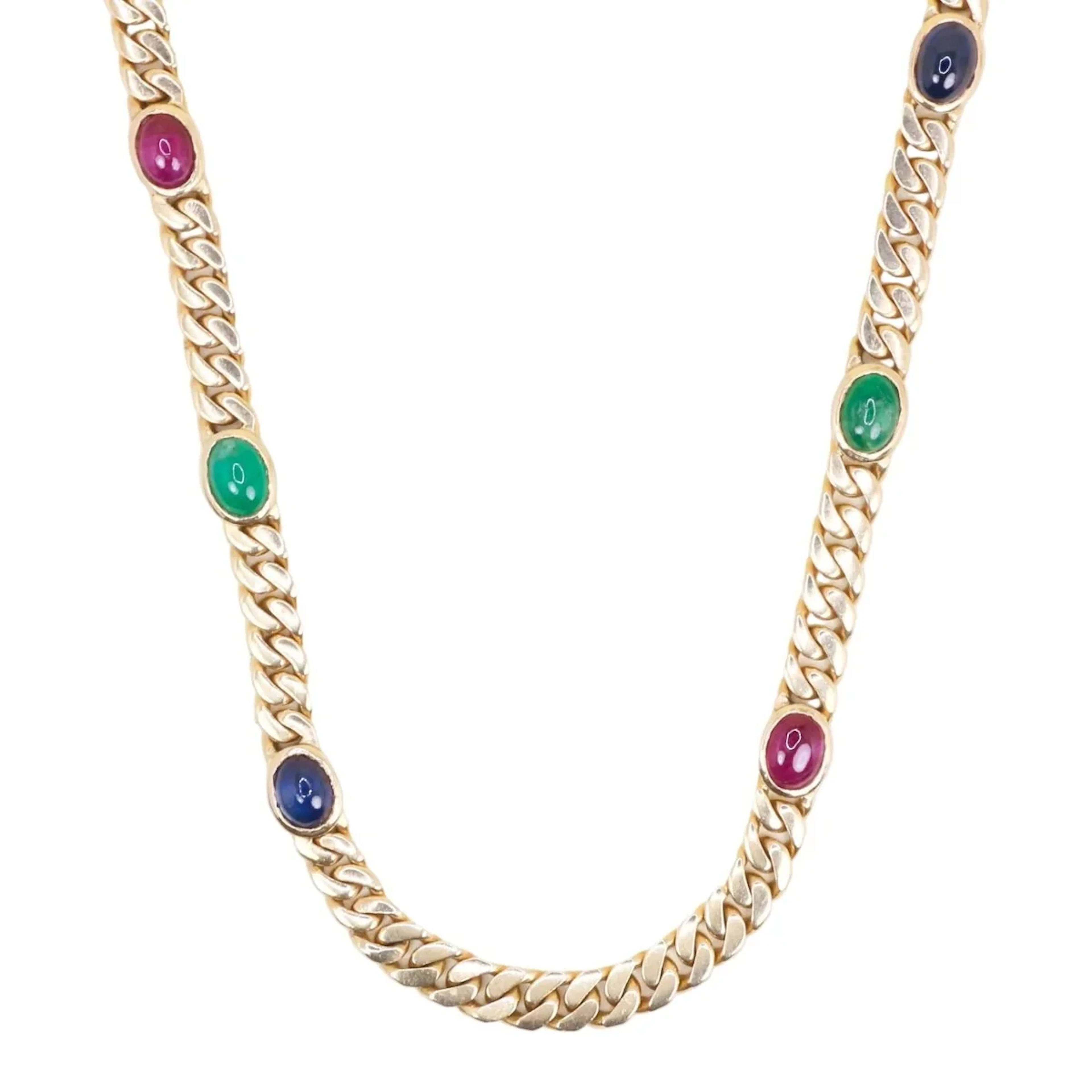 Long Necklace in Yellow Gold with Emeralds, Sapphires, and Rubies