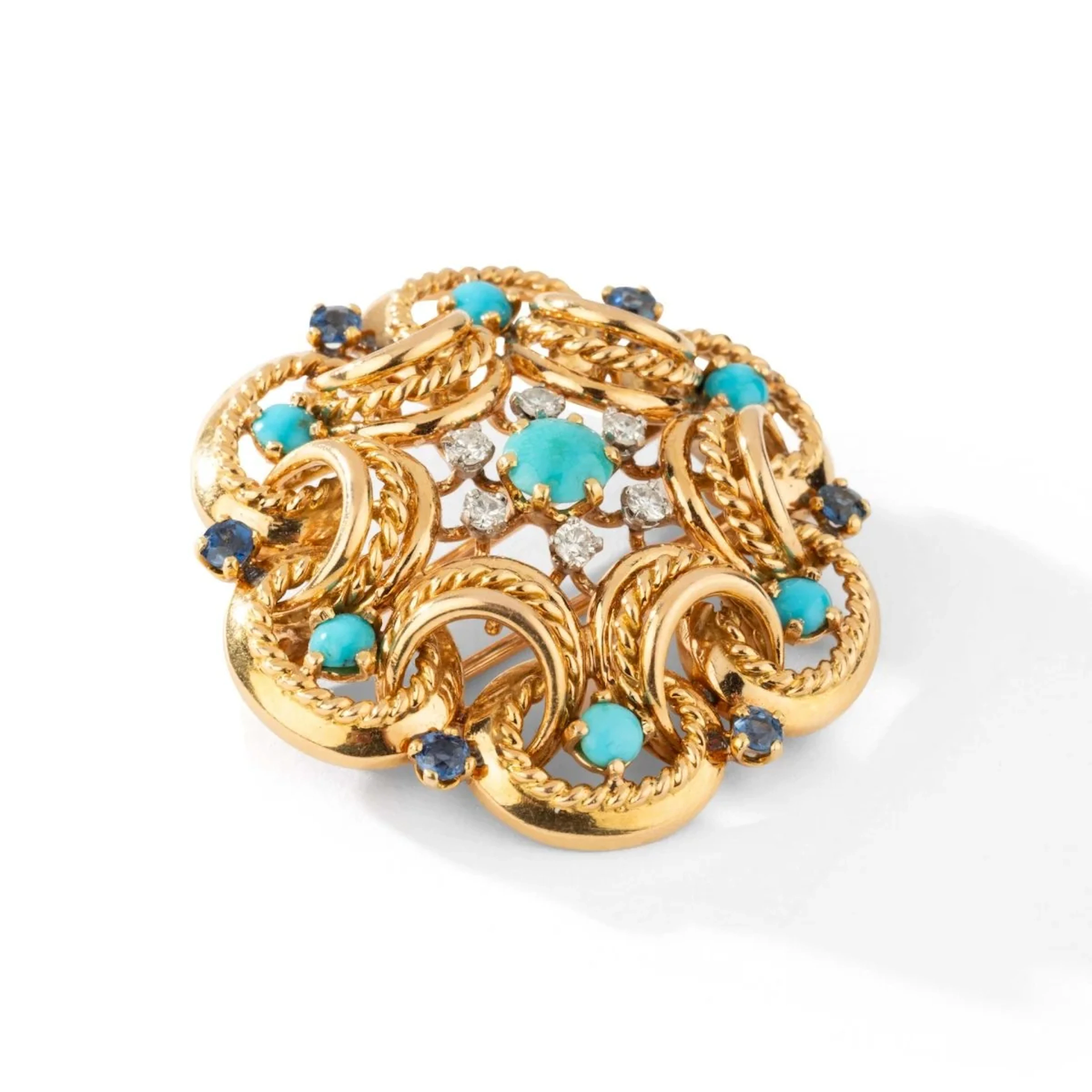 Brooch in yellow gold, turquoise, sapphires and diamonds