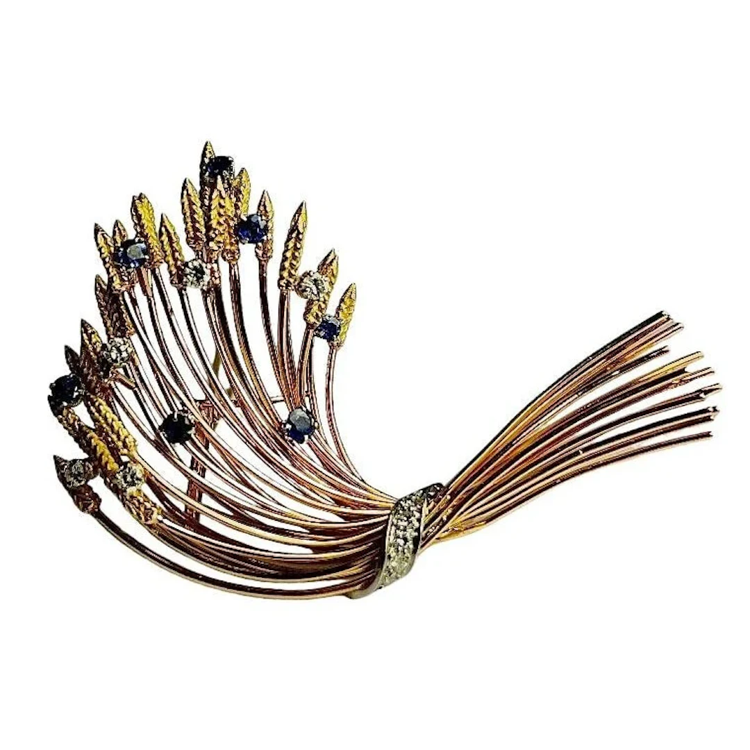 Epi de wheat brooch in yellow gold, sapphires and diamonds