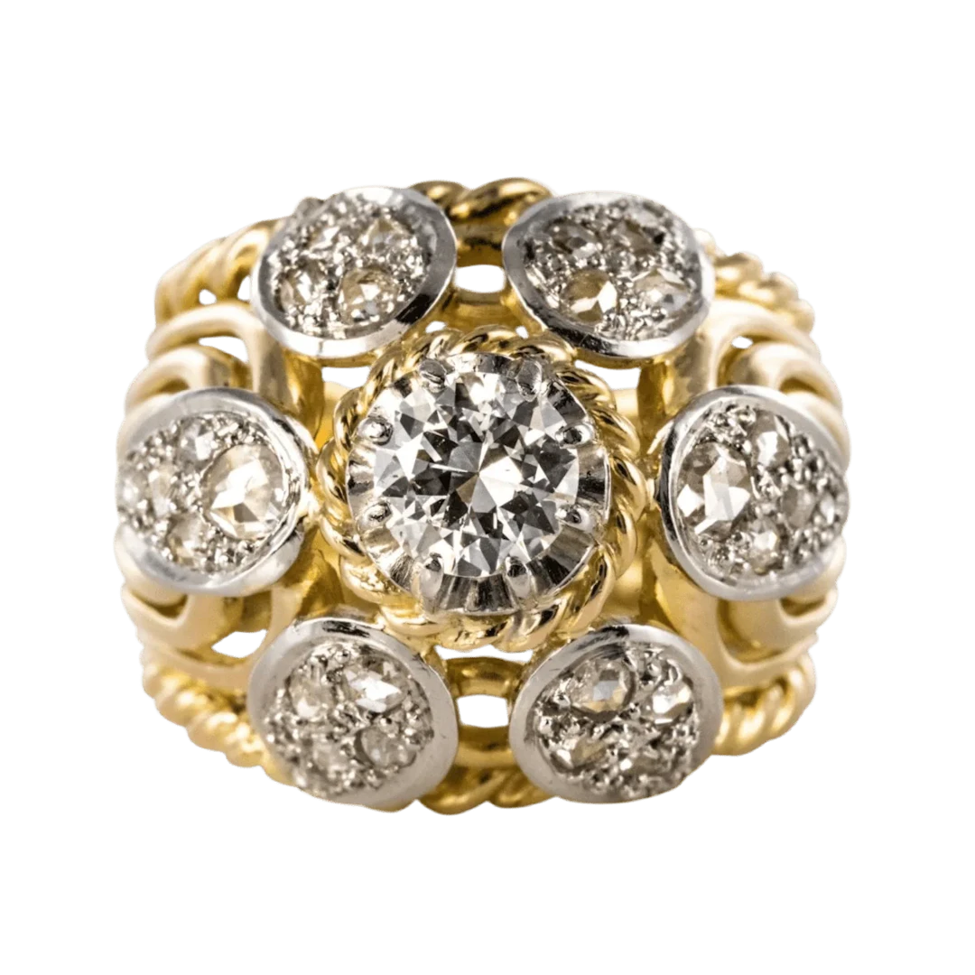 Dome ring in yellow gold, platinum and diamonds