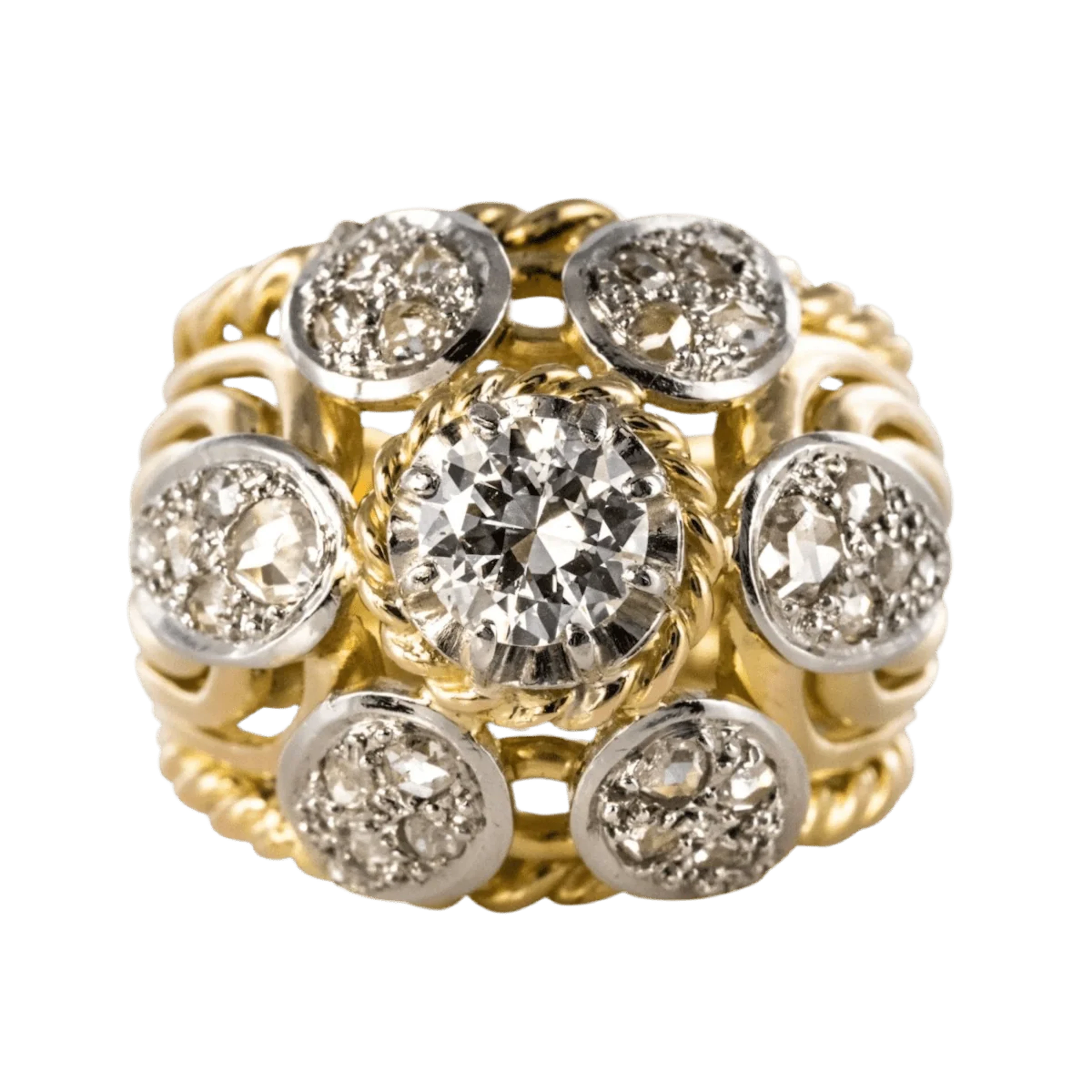 Dome ring in yellow gold, platinum and diamonds