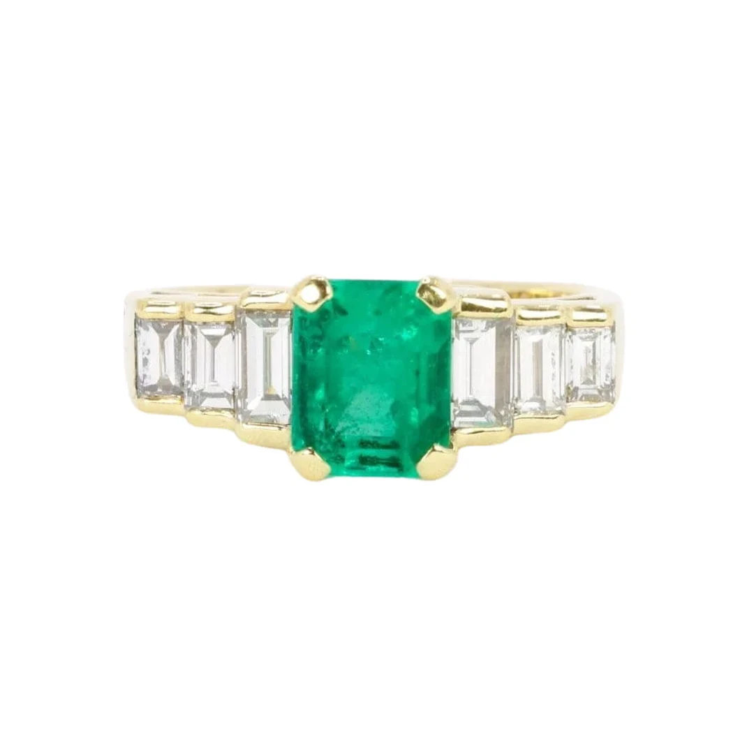 Bague Art Deco or jaune diamants émeraude colombienne Muzo 1,9 carat