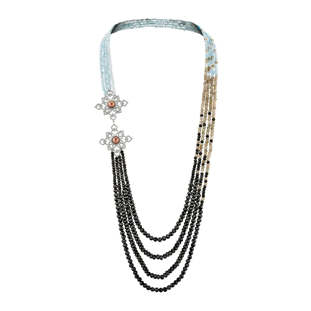 "Blue Moon" Long Necklace in Silver, Pearls, Zirconium, and Spinels