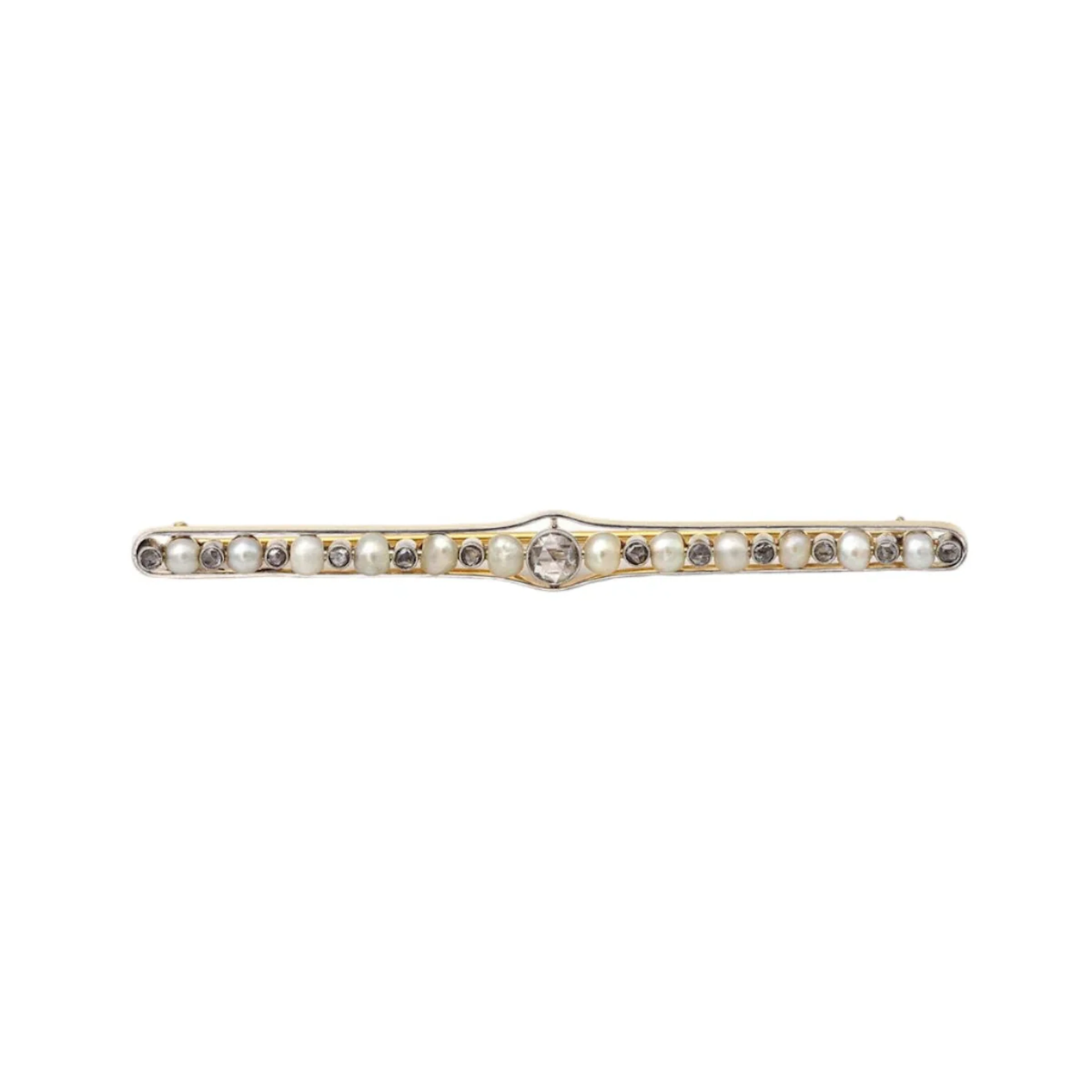 Brooch barrette in yellow, platinum, pearls and diamonds