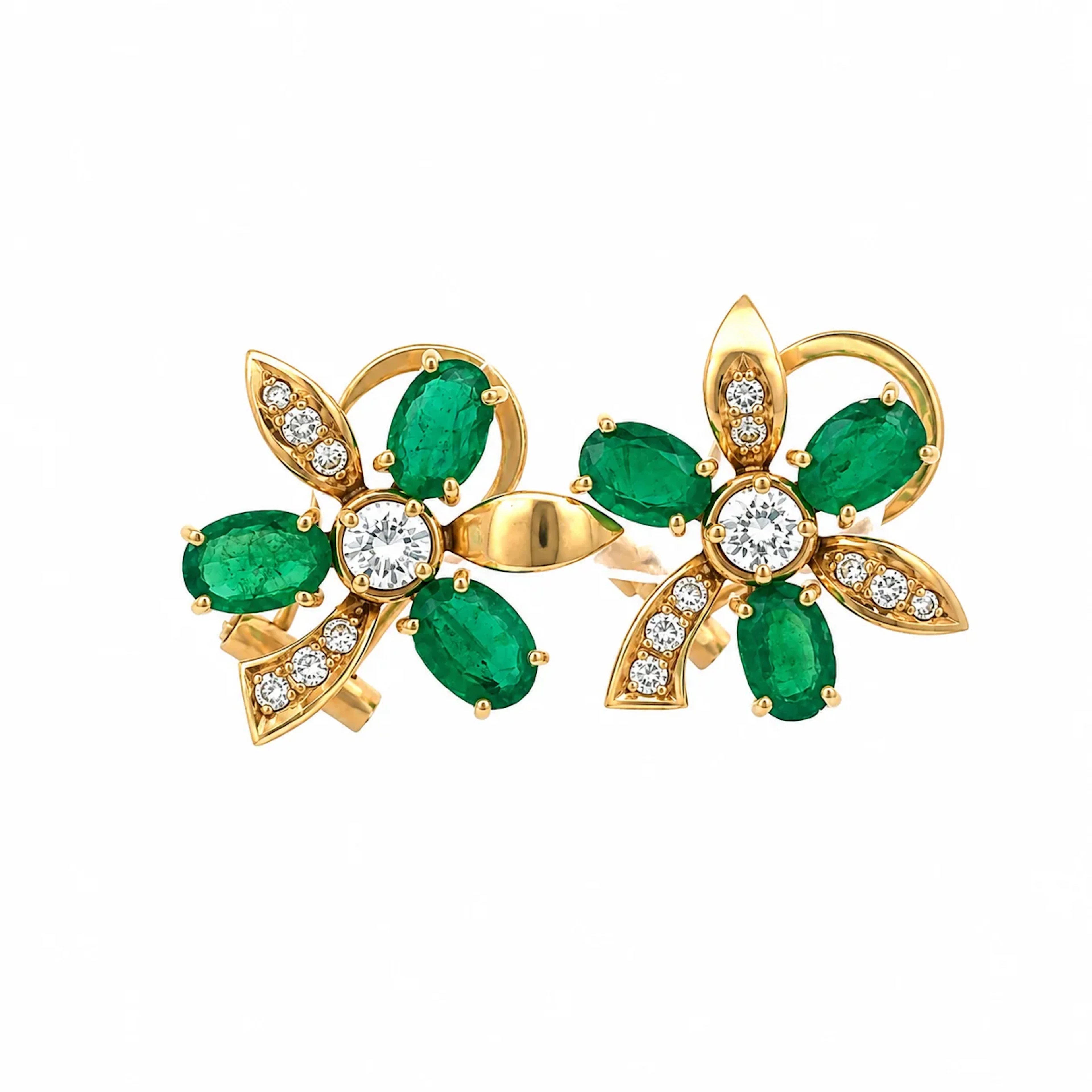 Yellow Gold Clip-On Earrings with Emeralds and Diamonds