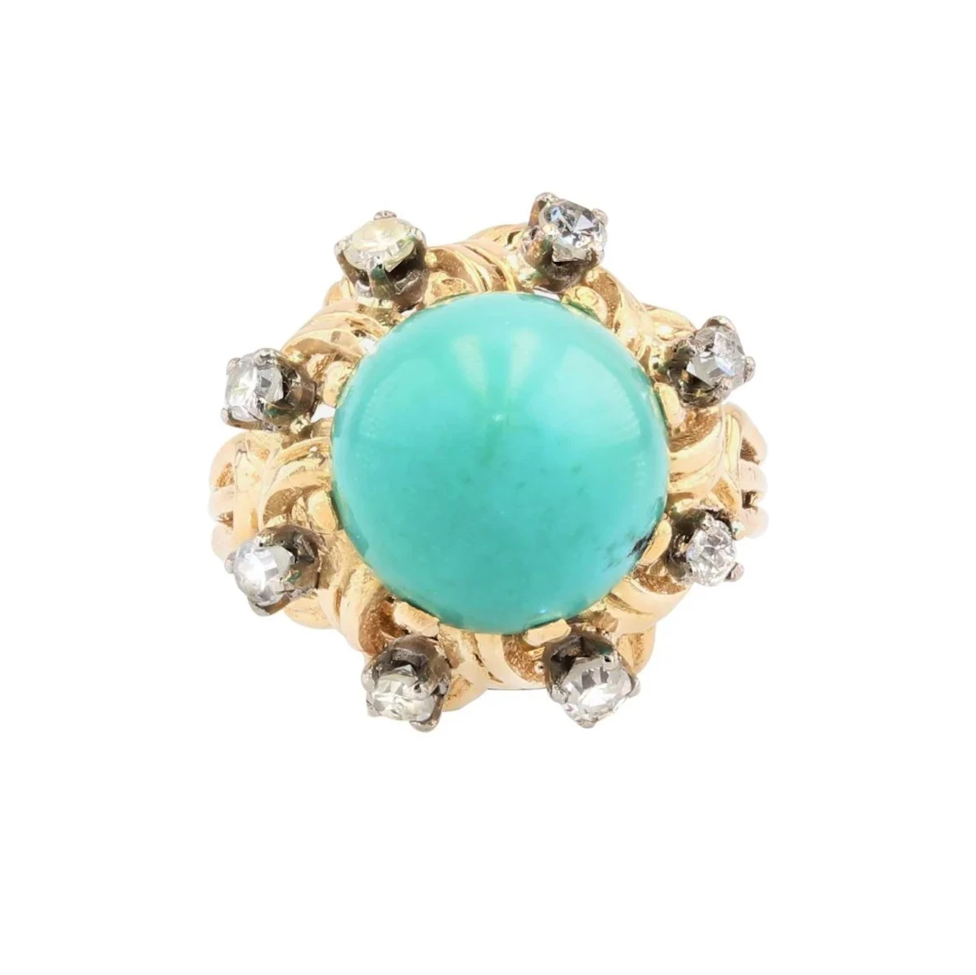 Entourage ring in yellow gold, turquoise and diamonds