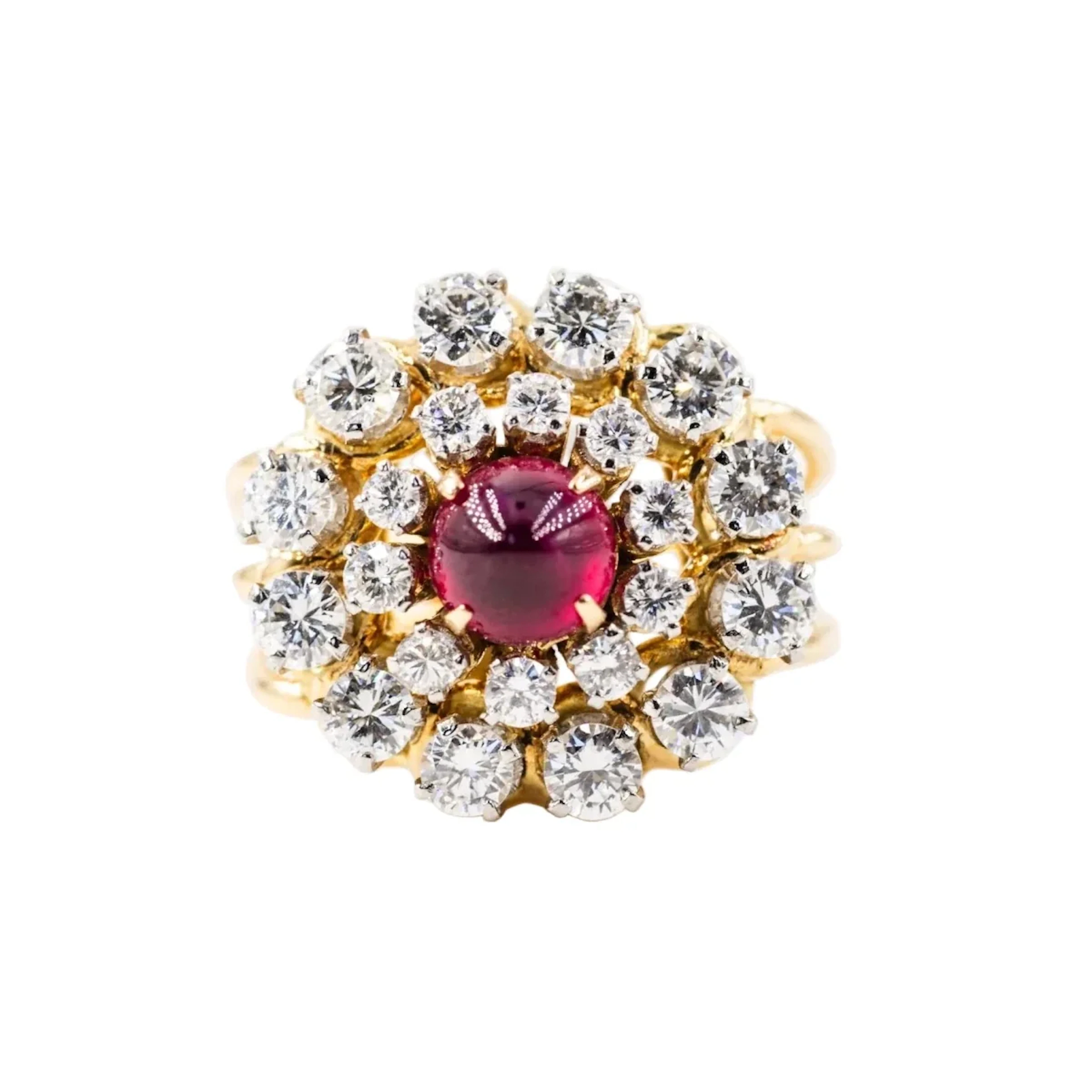 Yellow gold and platinum ring with diamonds and rubies
