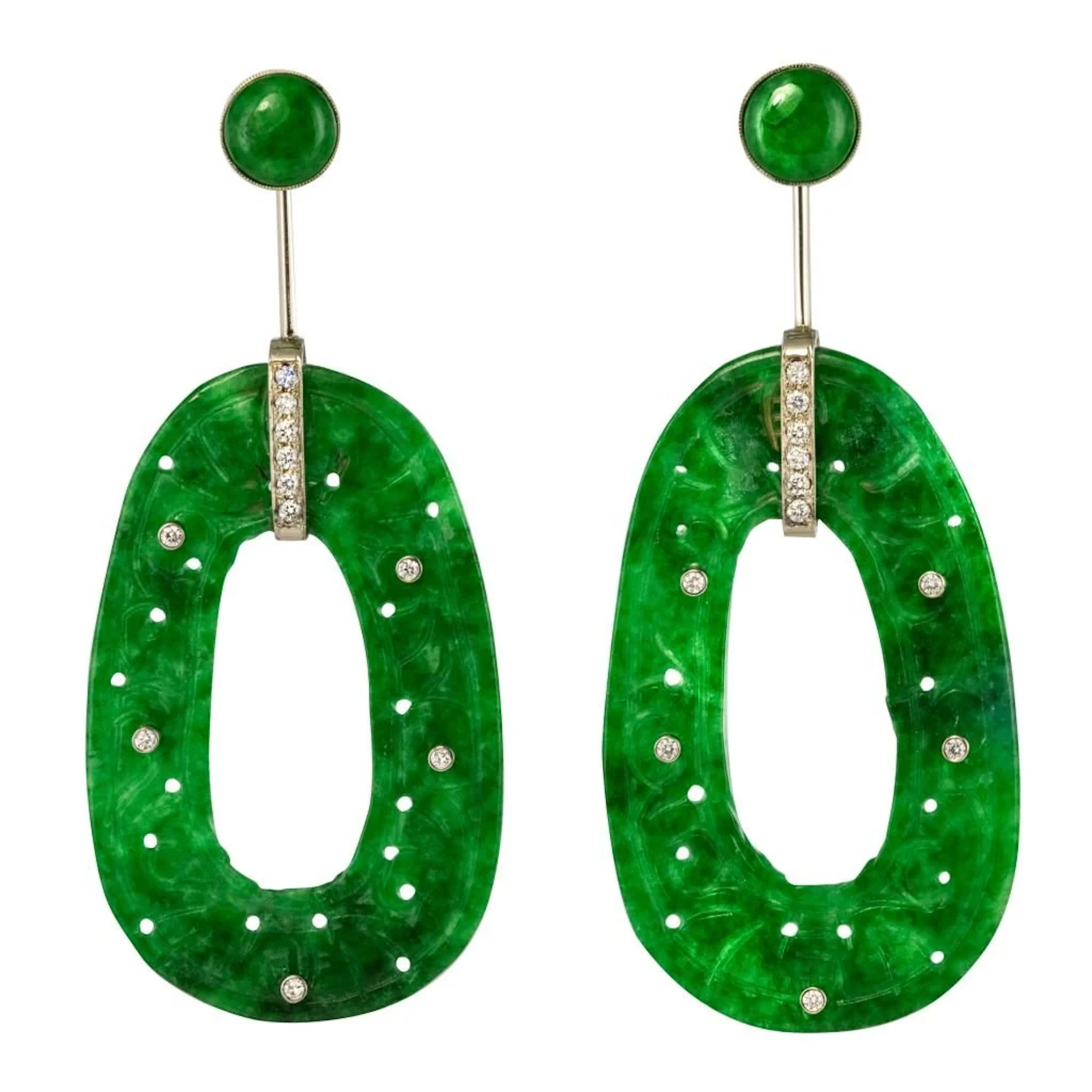 Earrings Hanging in white gold, jade and diamonds