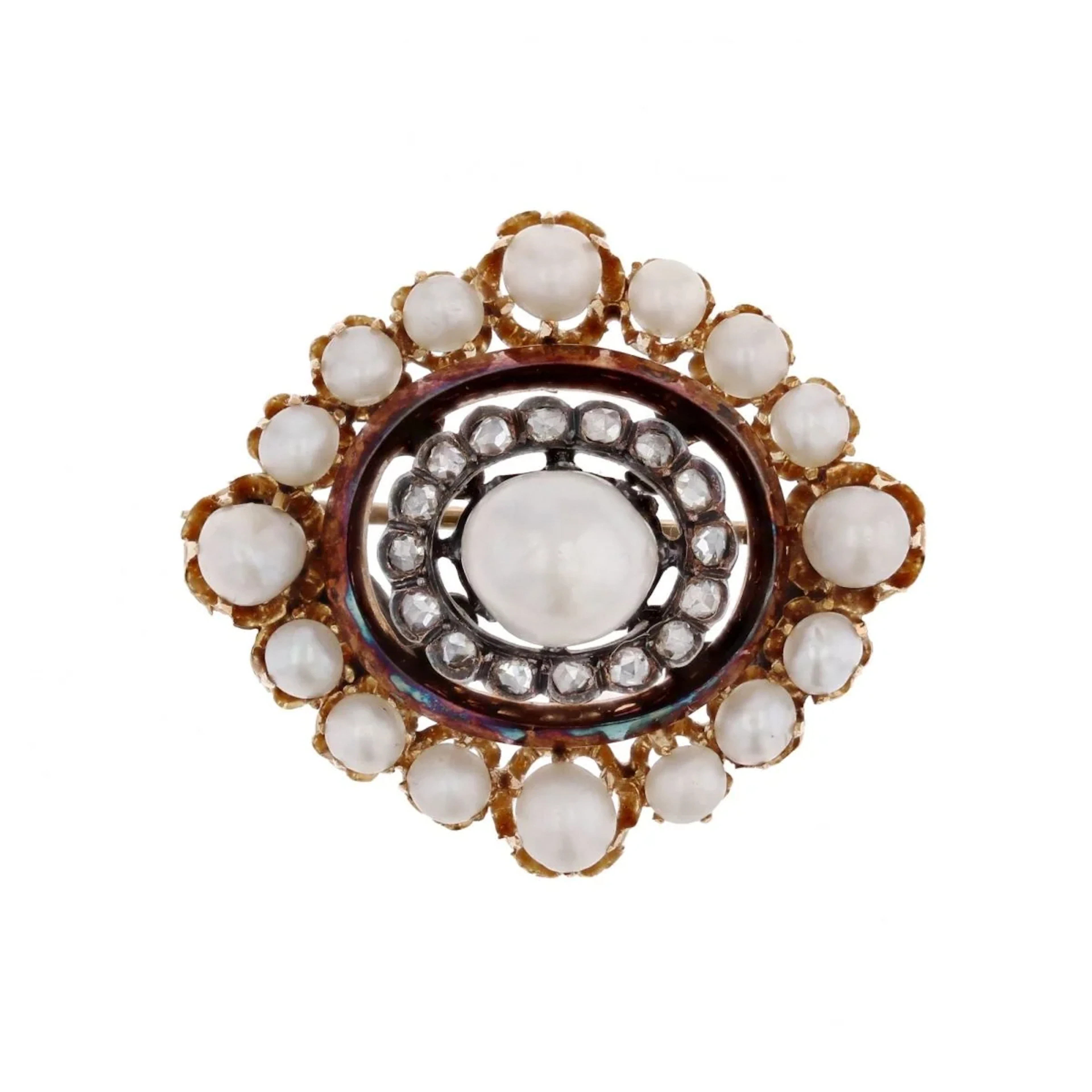 Broche Épingle en or jaune, argent, perles et diamants