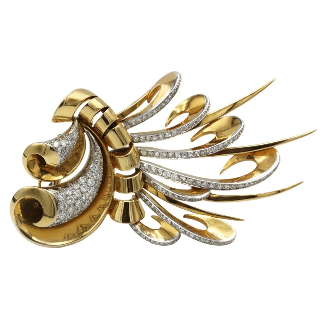 Brooch Barrette in yellow gold, paltinium and diamonds.