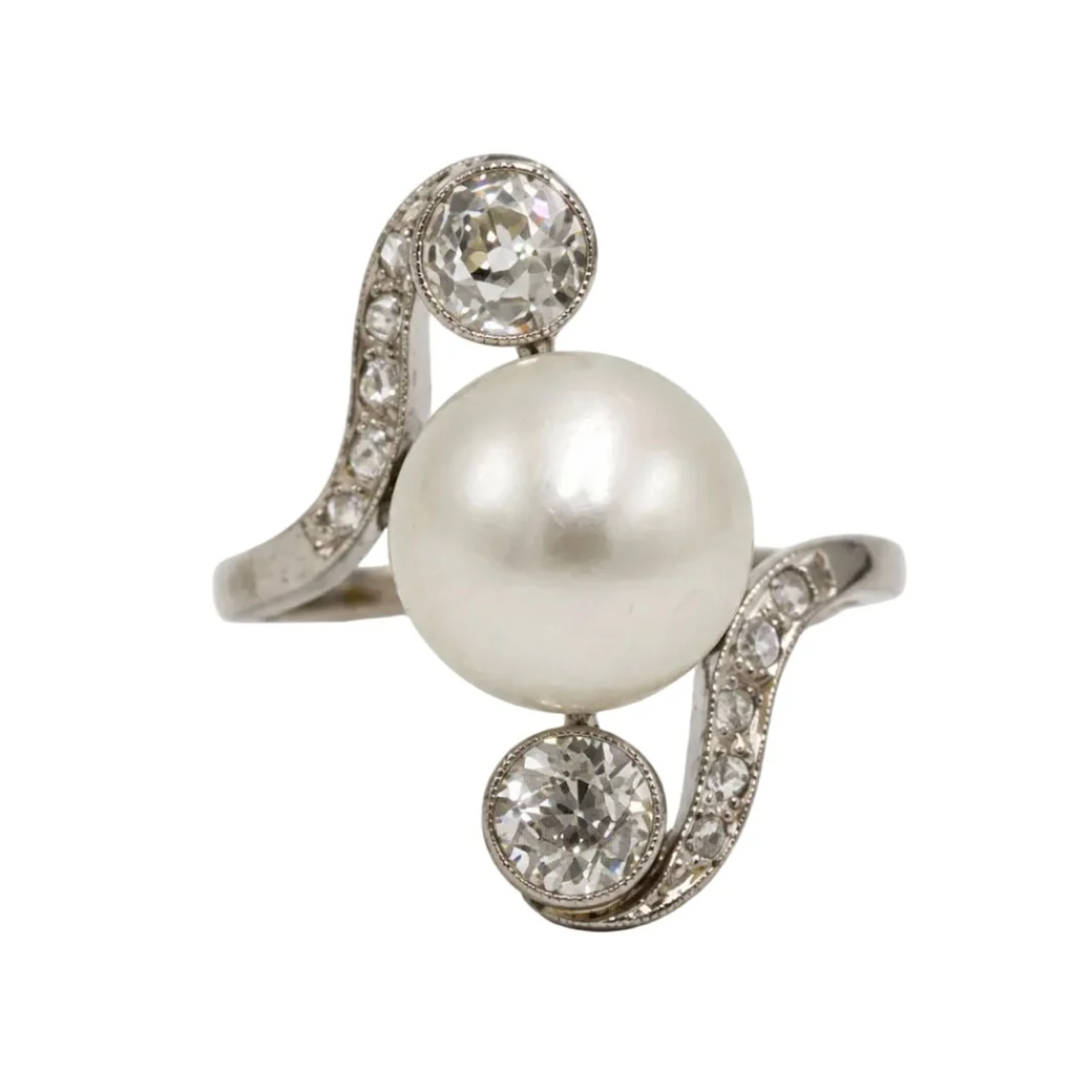 Trilogy Ring in Platinum, Pearl, and Diamonds