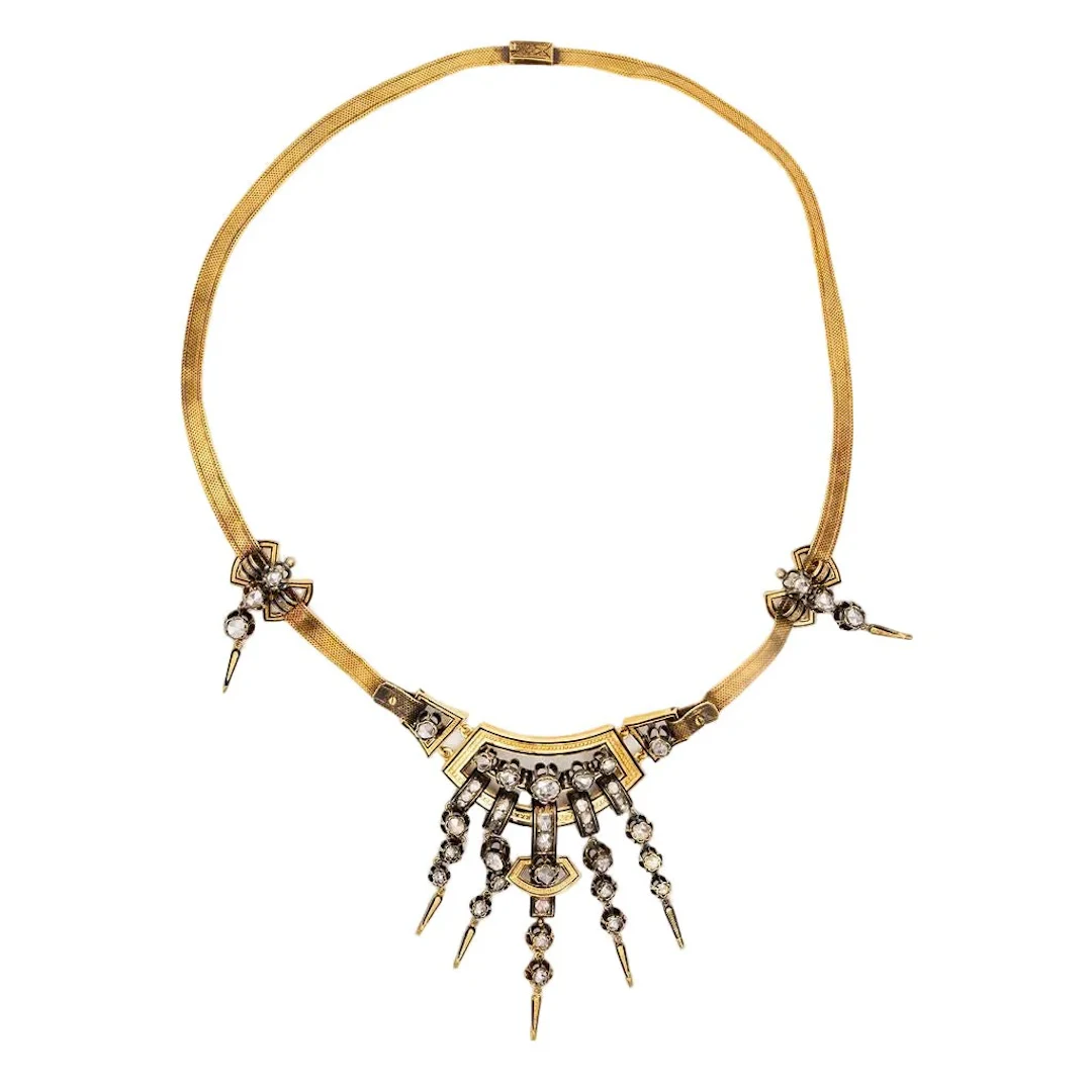 Necklace with 19th century tassels in yellow gold, silver, black enamel