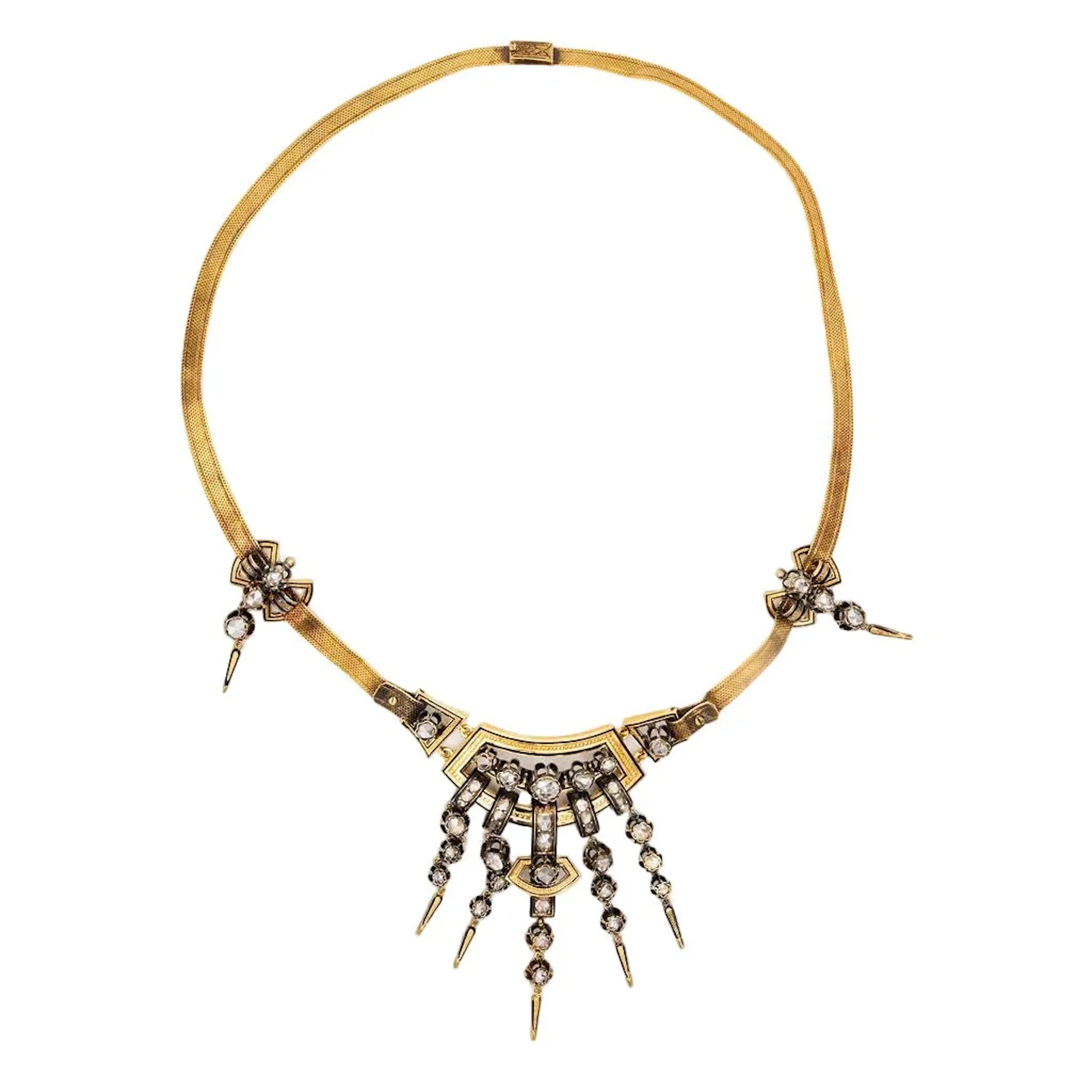 Necklace with 19th century tassels in yellow gold, silver, black enamel