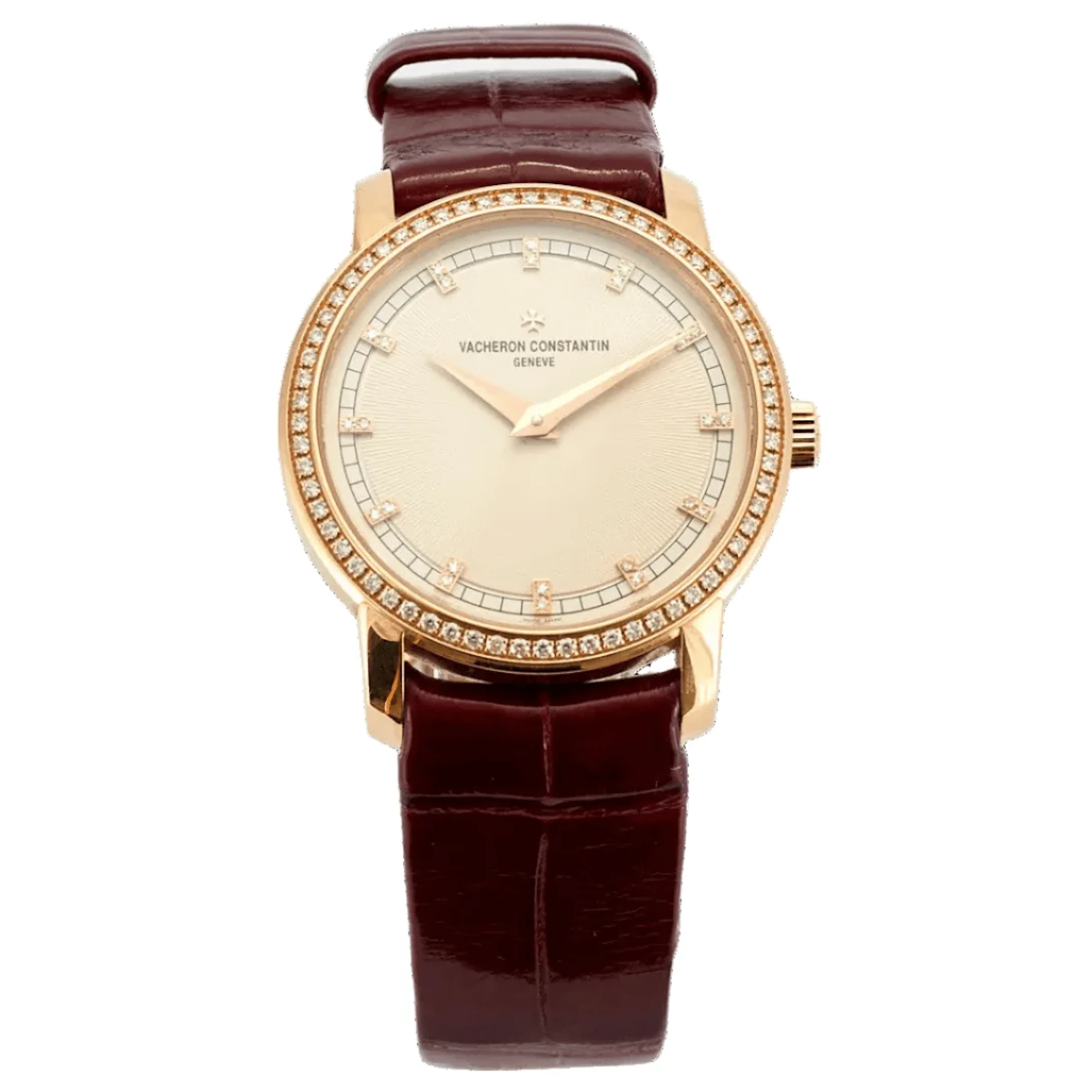 VACHERON CONSTANTIN "Patrimony" PM watch in rose gold, leather, and diamonds