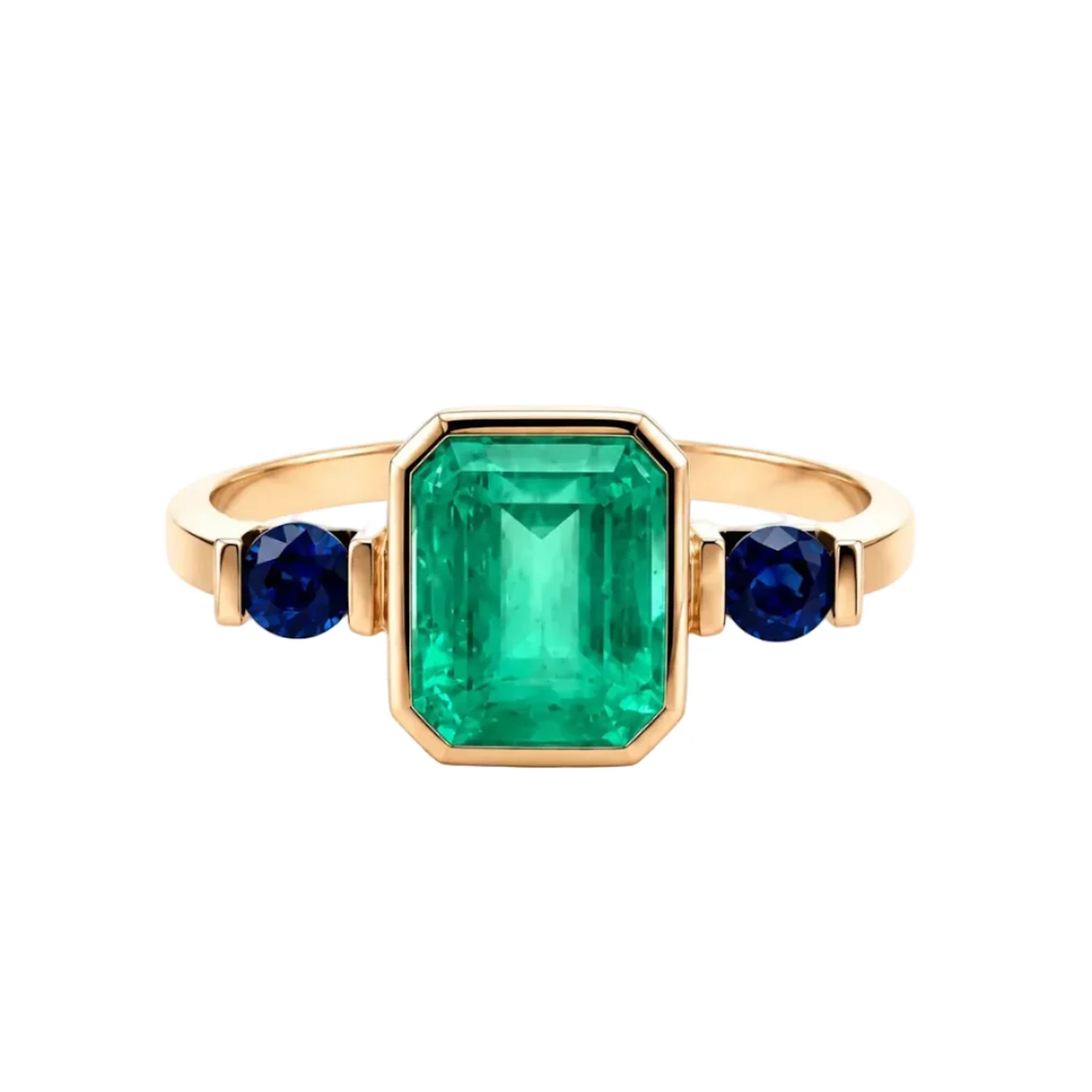 Trilogy Ring in yellow gold, emerald, and sapphires