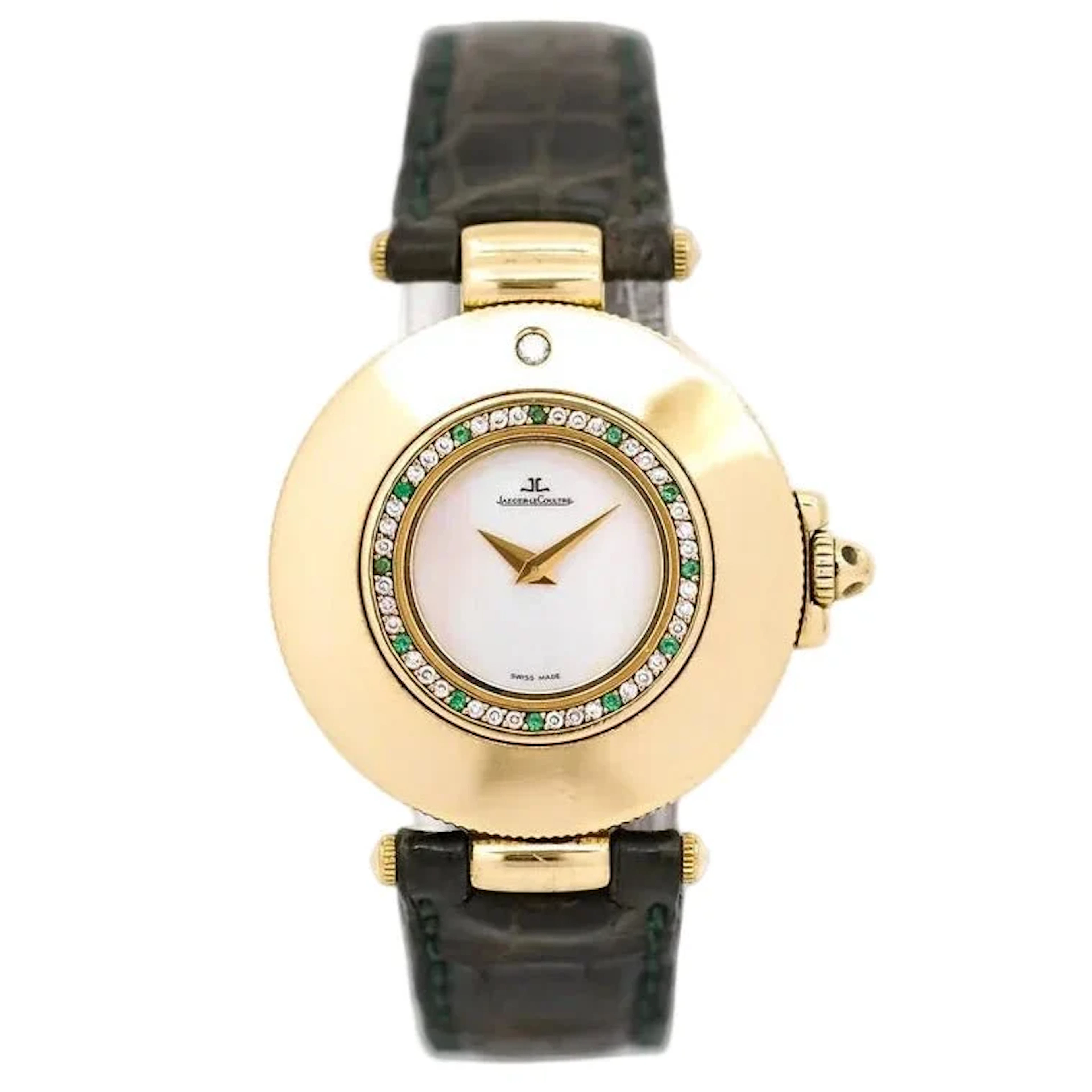 JAEGER-LECOULTRE watch in yellow gold, Mother-of-pearl, leather, emeralds