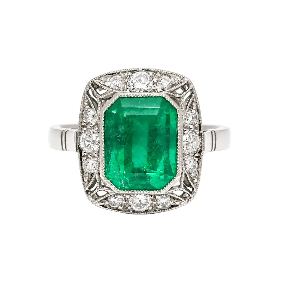 Cocktail Ring in Platinum, Emerald, and Diamonds