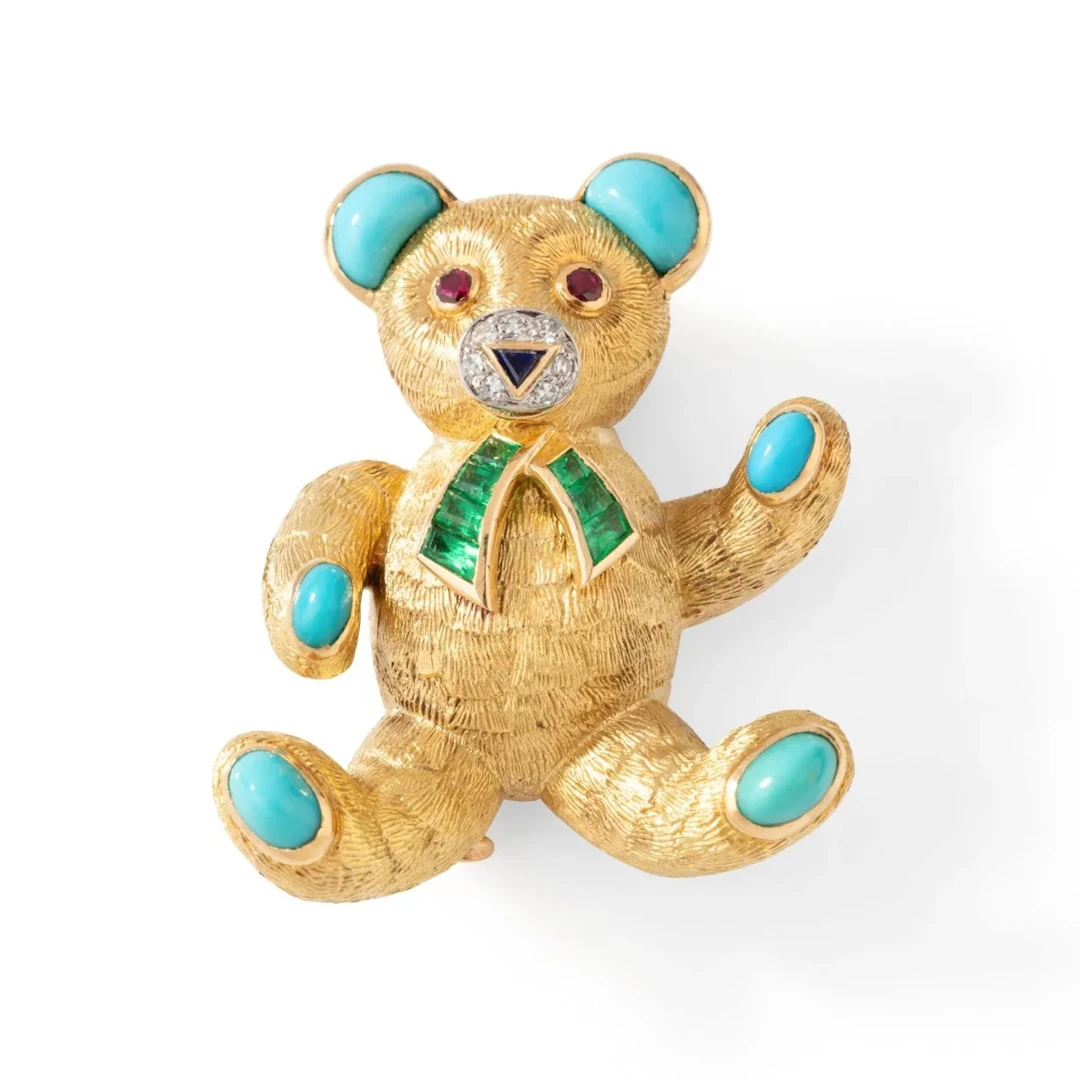 BOUCHERON Yellow Gold Bear Clip Brooch with Sapphires, Rubies, Emeralds