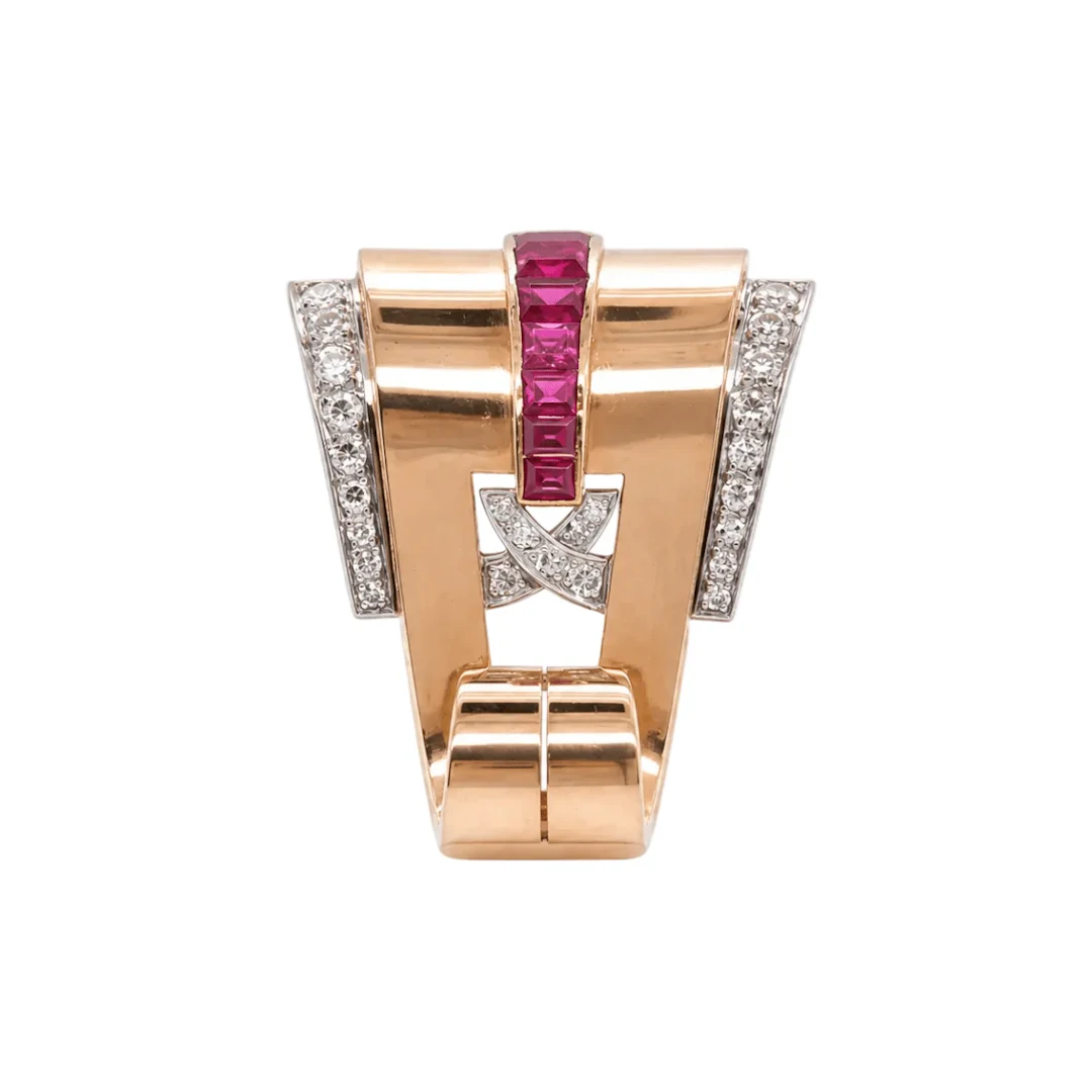Clip Brooch in White Gold, Rose gold, Rubies, and Diamonds
