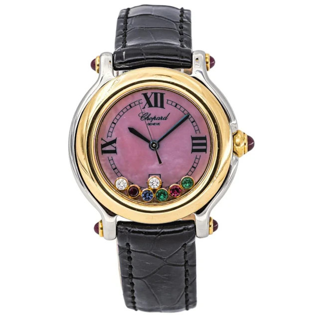 Montre CHOPARD "Happy Sport" en or jaune, acier, nacre, cuir, rubis