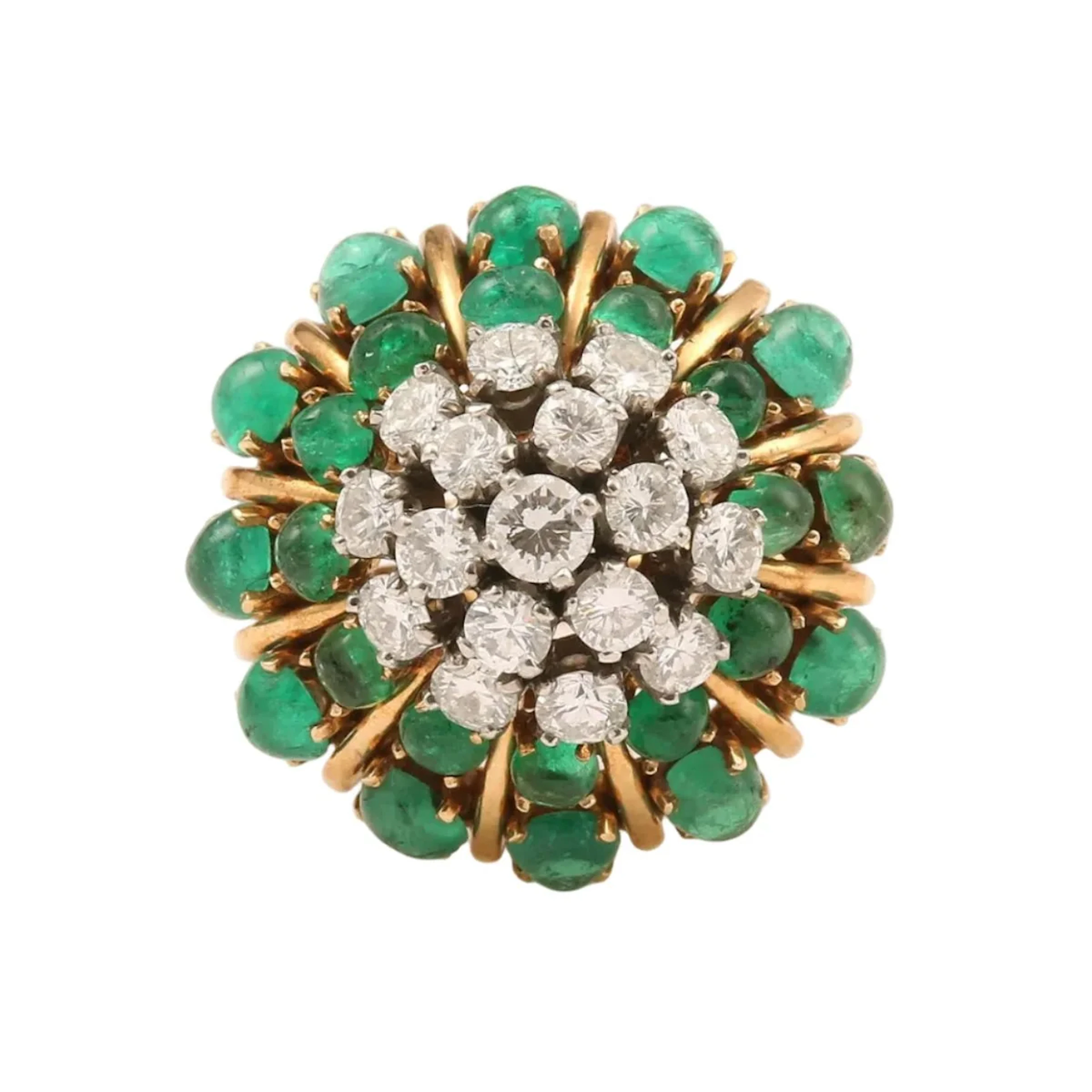Ring Dome in yellow gold, emeralds and diamonds