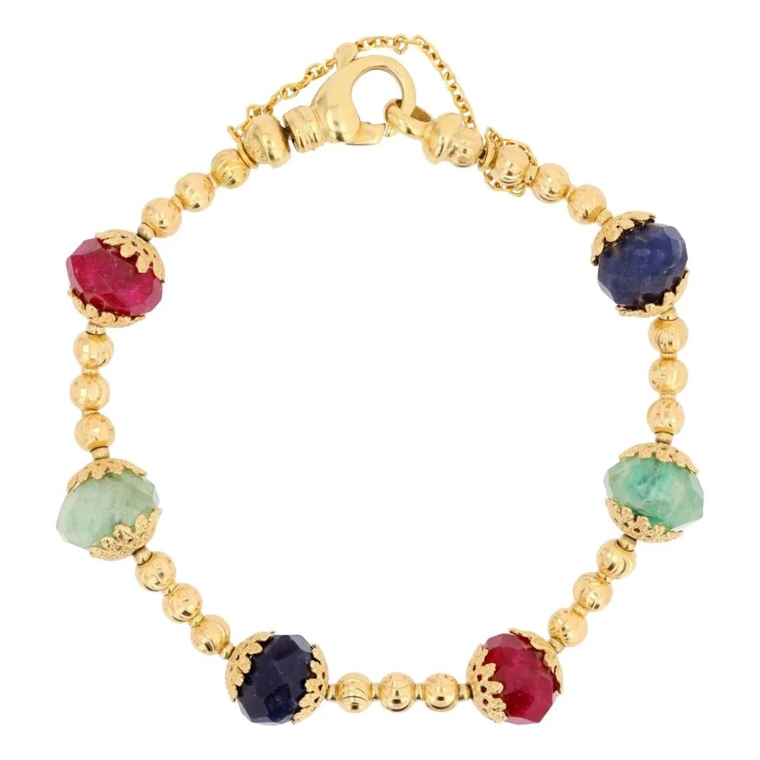 Bracelet yellow gold and ruby sapphire emerald beads in yellow gold