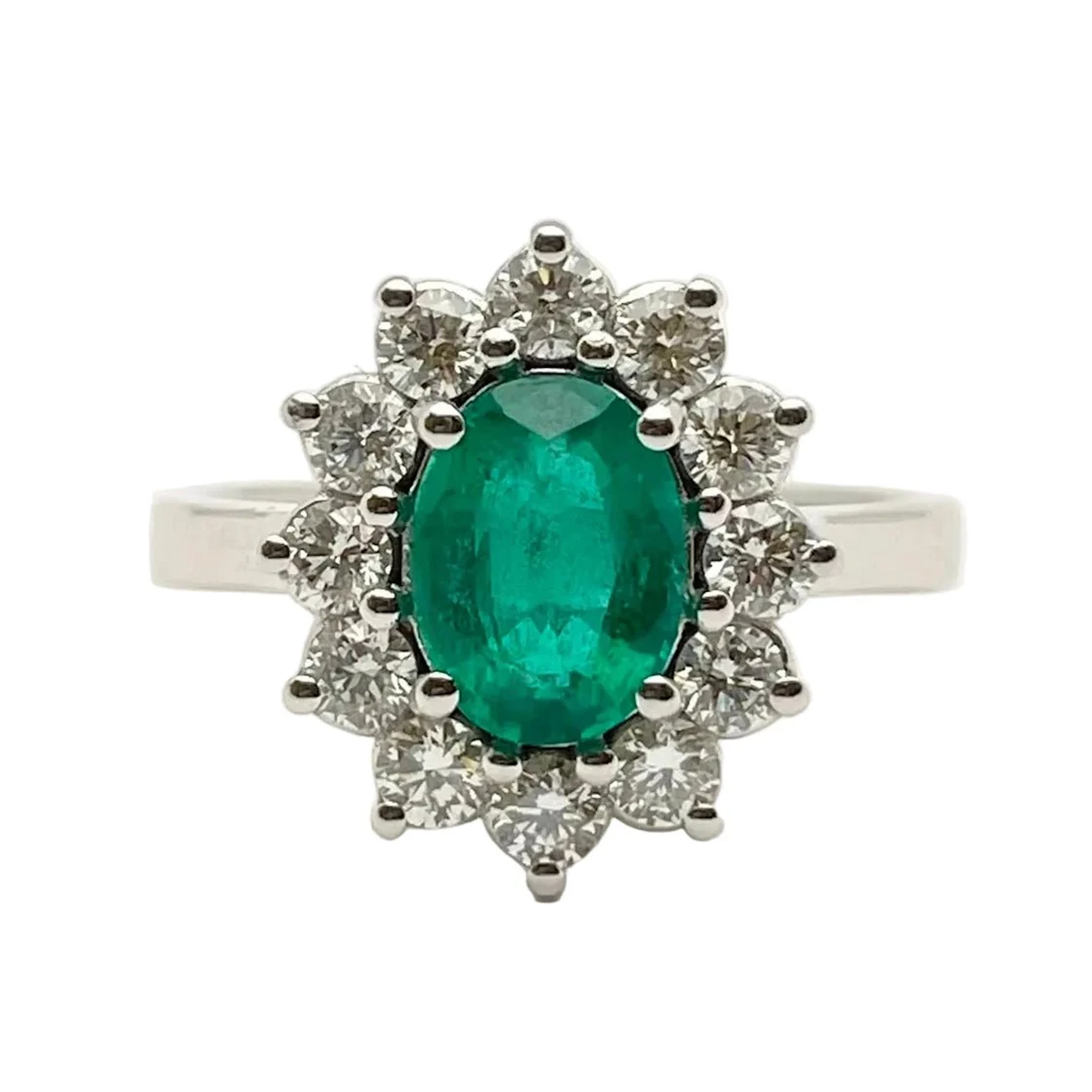 "Entourage" Ring in White Gold, Emerald, and Diamonds