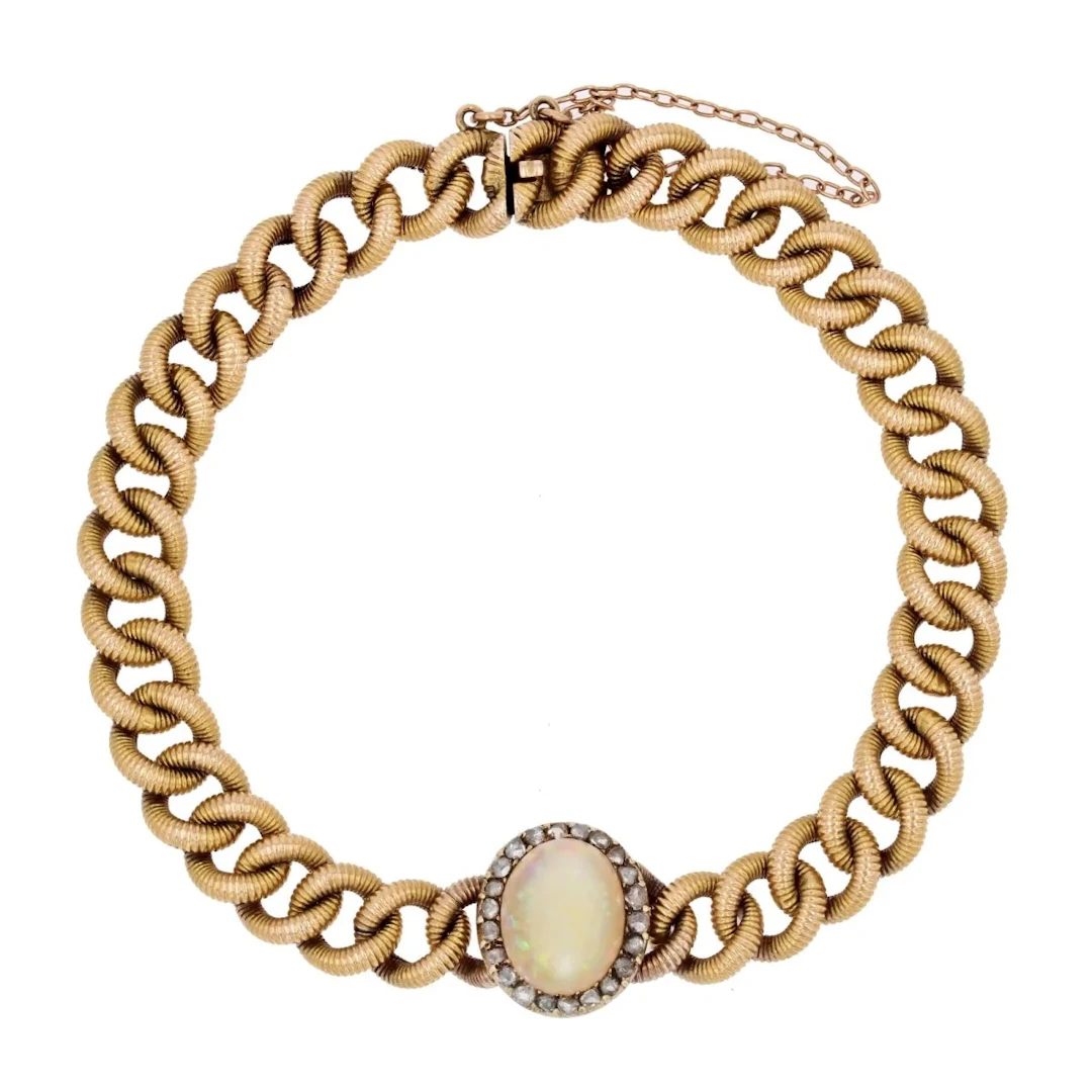 Yellow gold, opal and diamond mesh bracelet