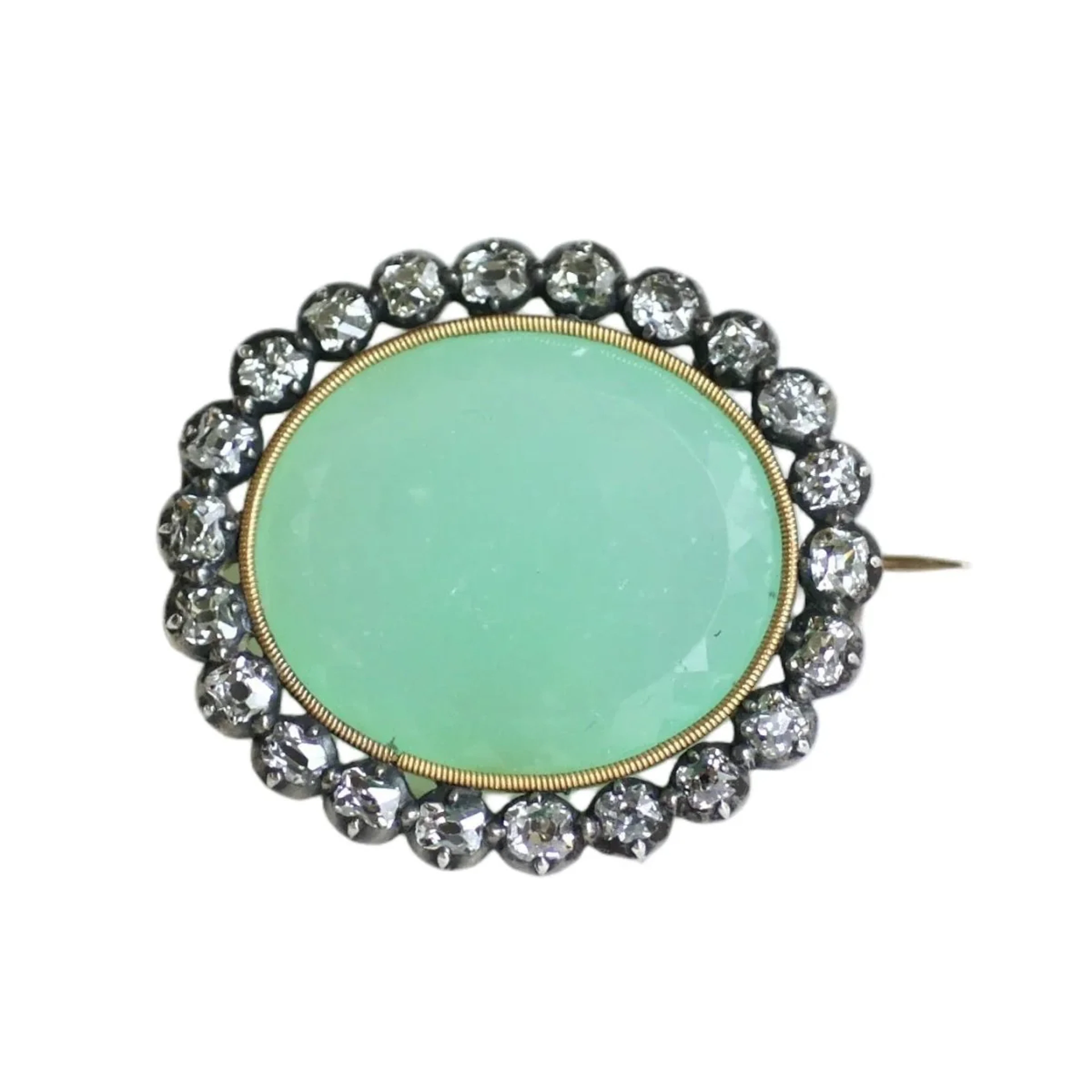 Brooch Pin in yellow gold, rose gold, silver, chrysoprase and diamonds