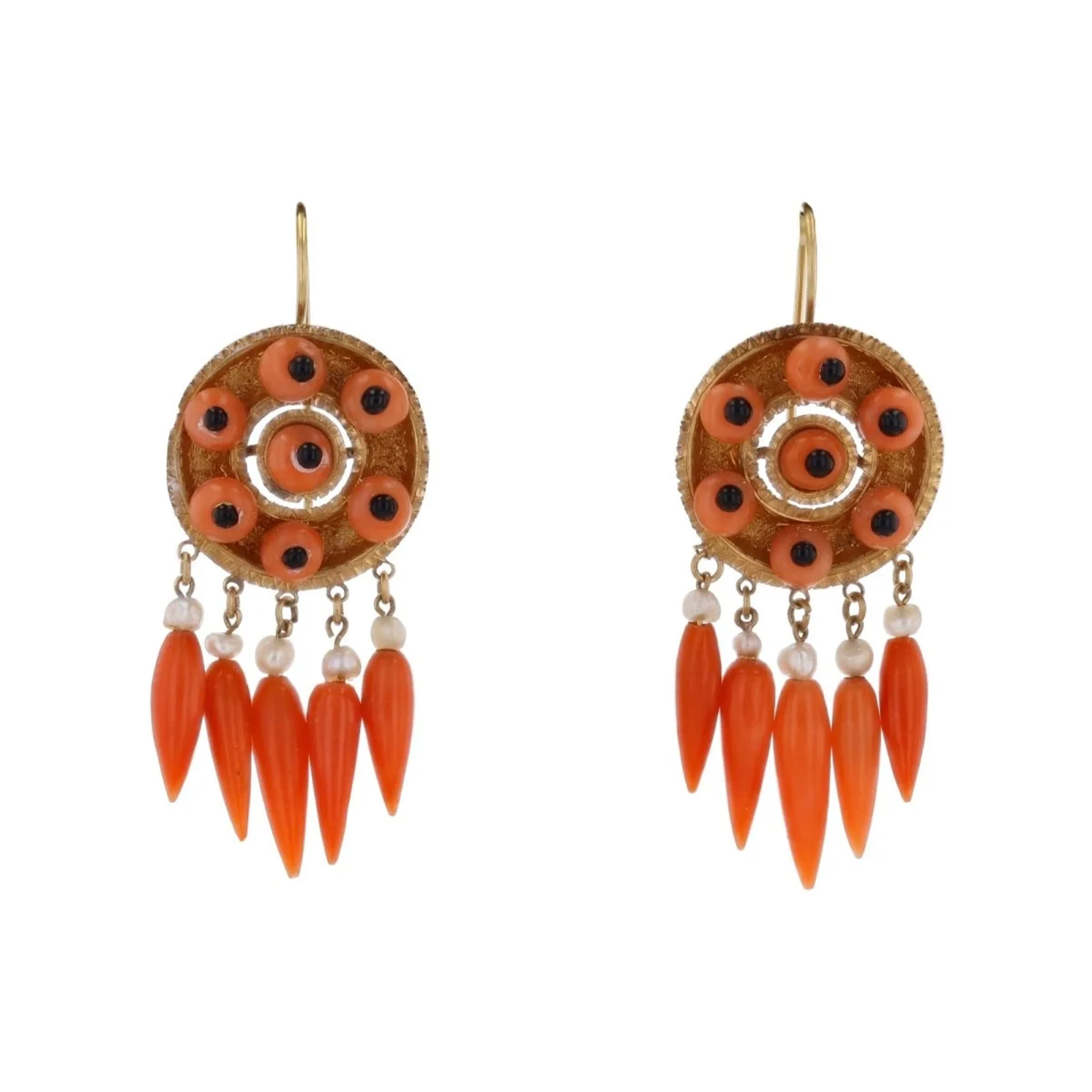 Earrings Pendant in yellow gold, coral, onyx and pearls