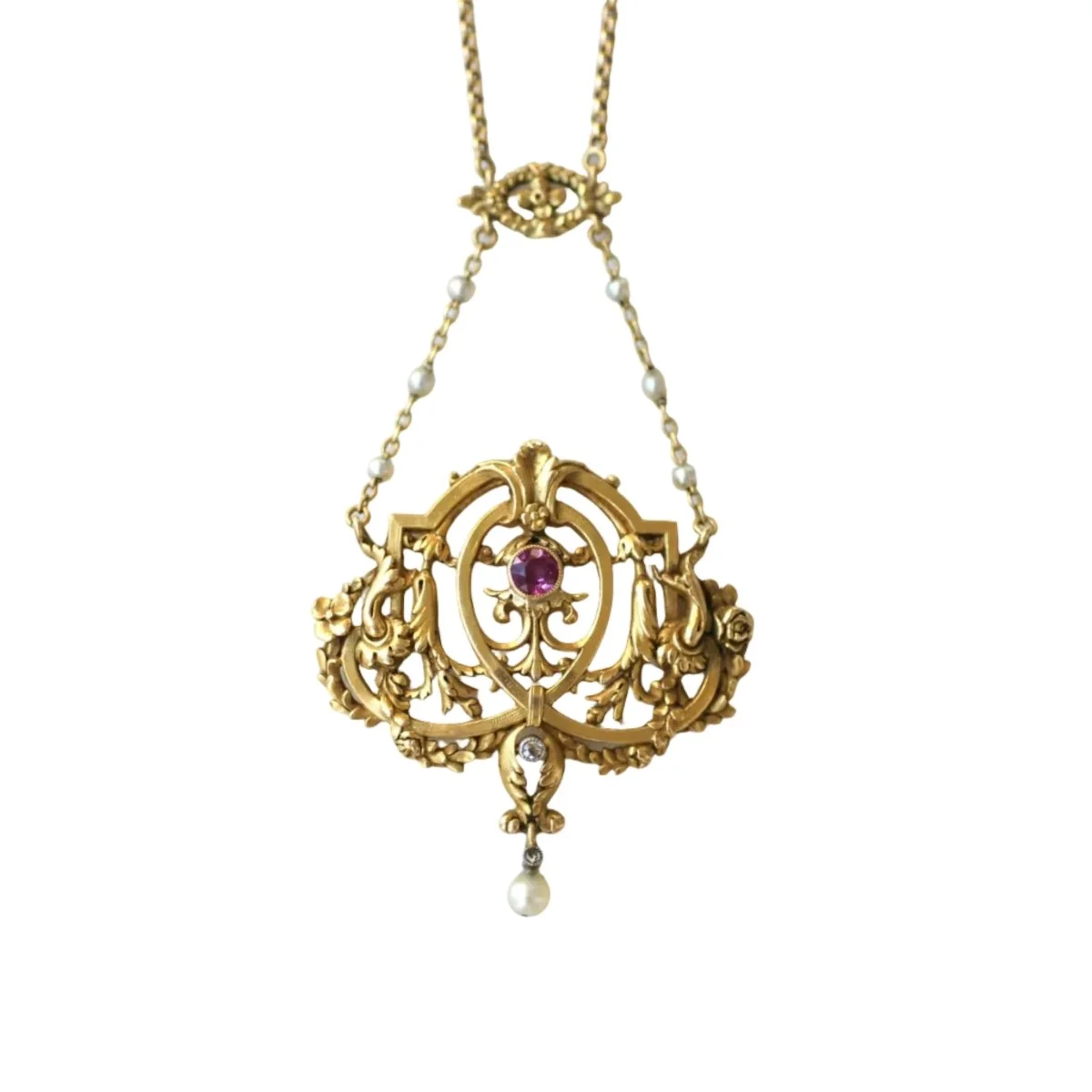 Necklace Pendant in yellow gold, rubies, pearls and diamonds
