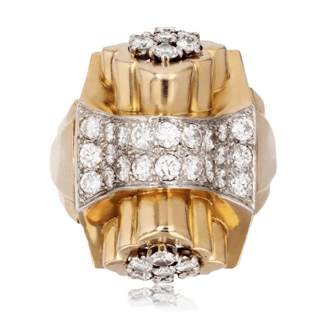Tank ring in yellow gold, platinum and diamonds