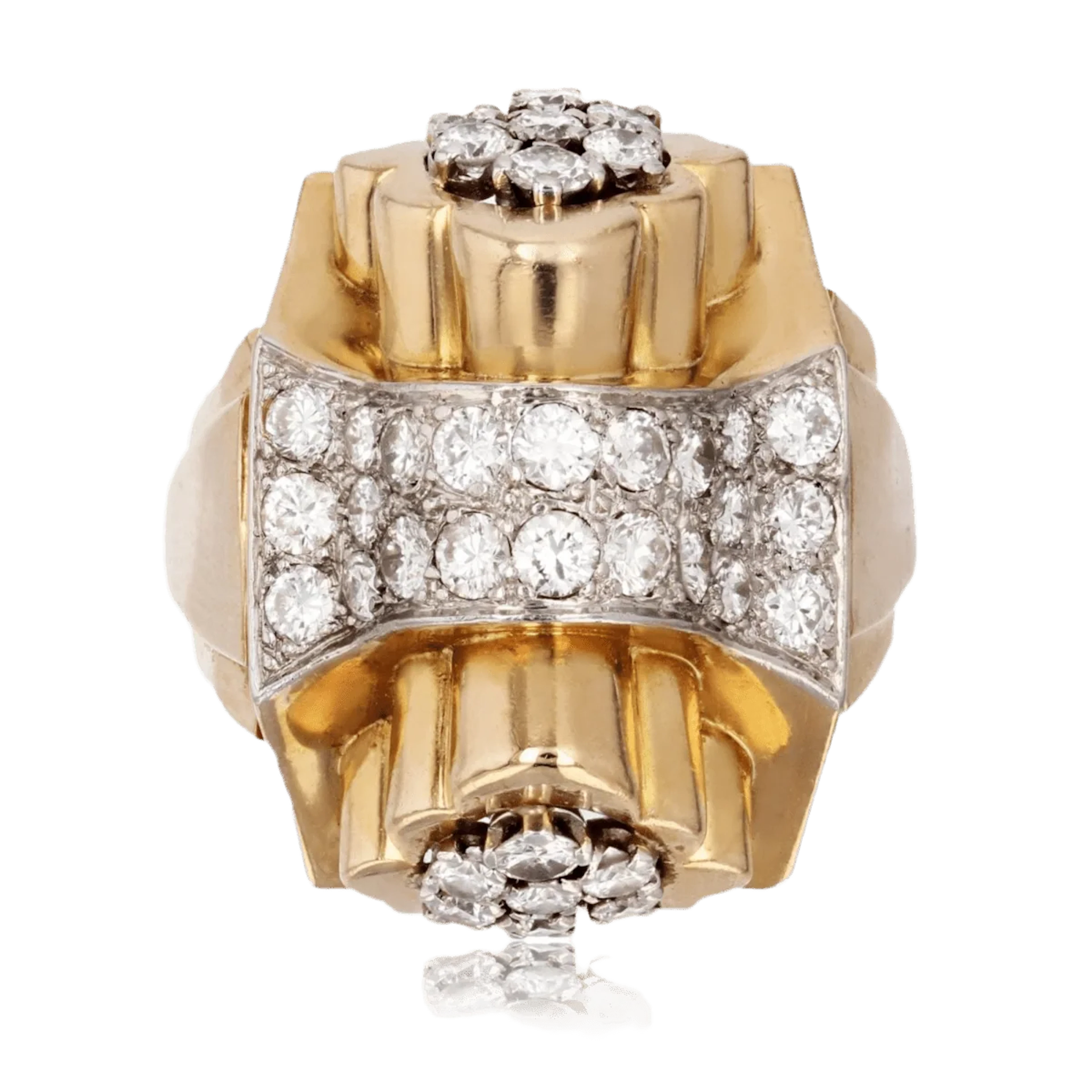 Tank ring in yellow gold, platinum and diamonds