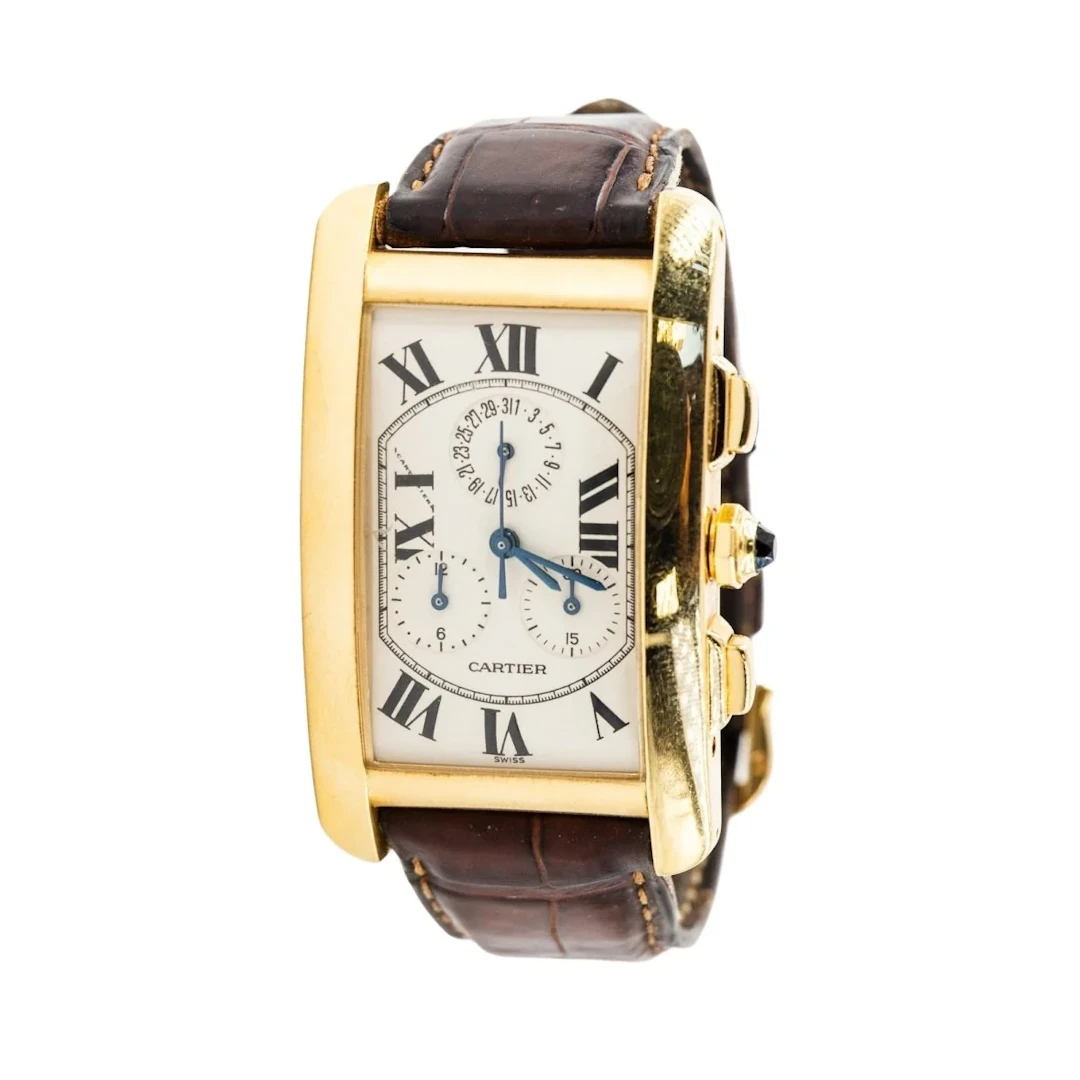 CARTIER "Tank Américaine Chronoflex" watch in yellow gold and leather