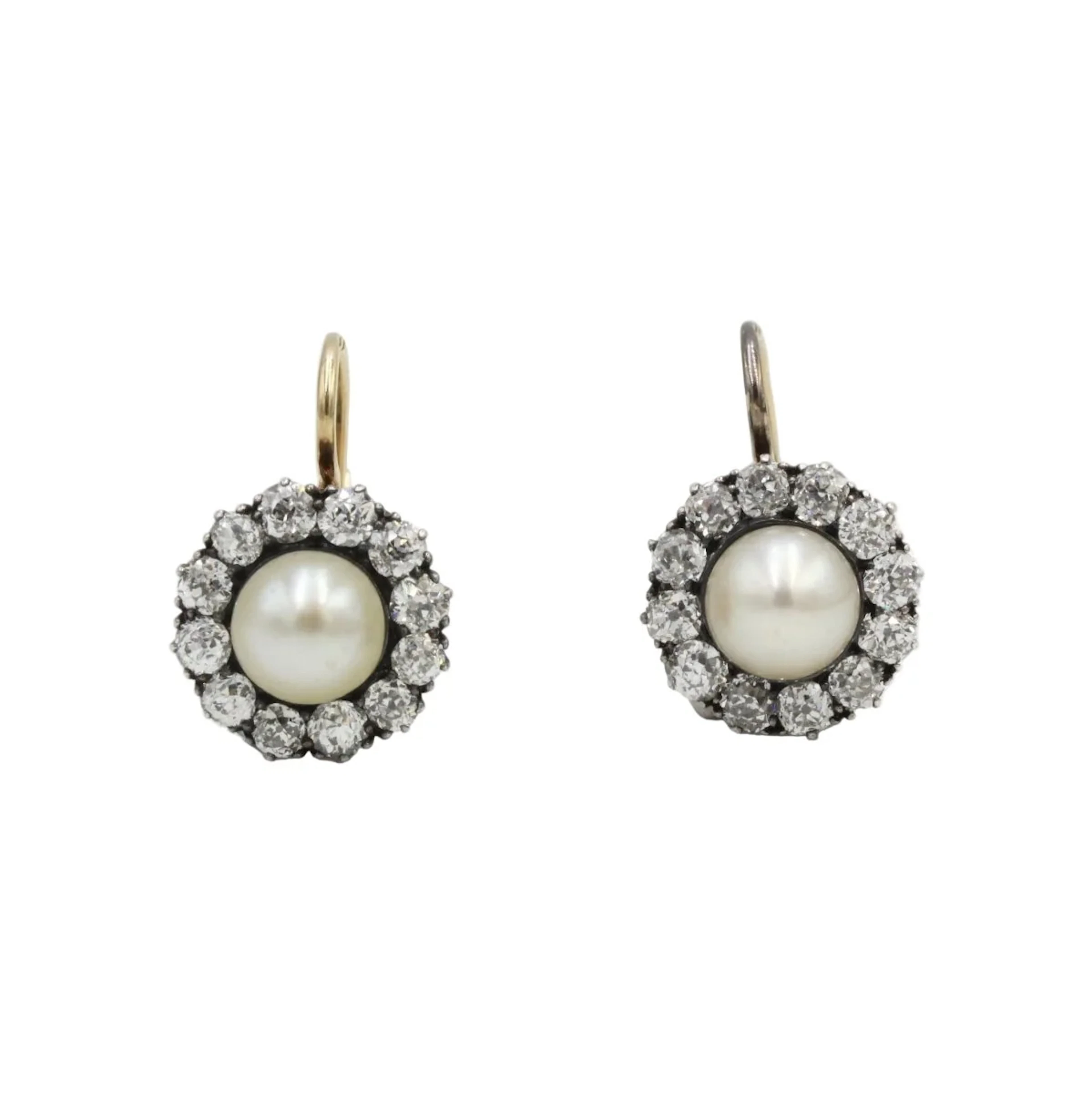 Earrings Sleepers in yellow gold, silver, pearls and diamonds