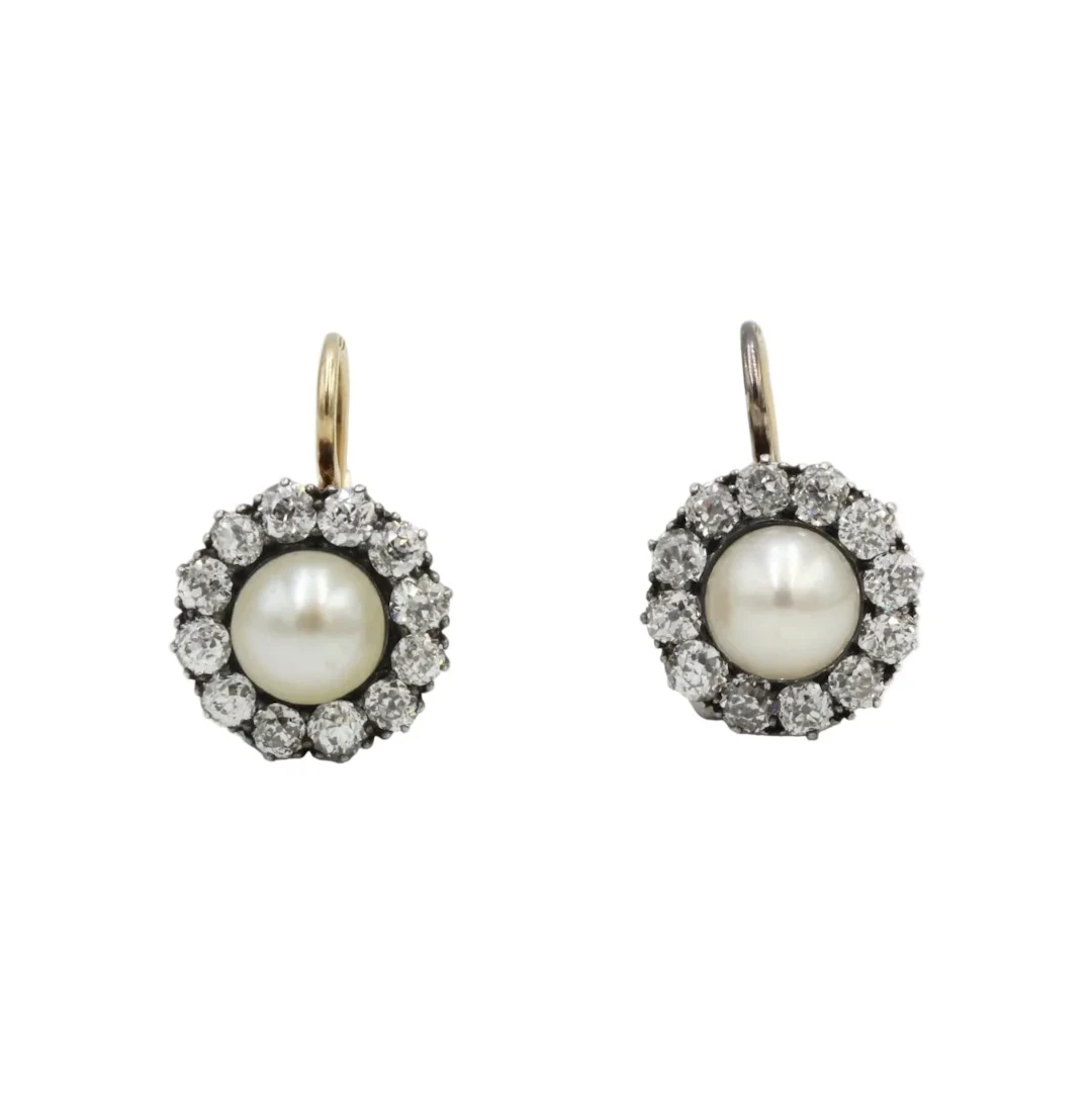 Earrings Sleepers in yellow gold, silver, pearls and diamonds